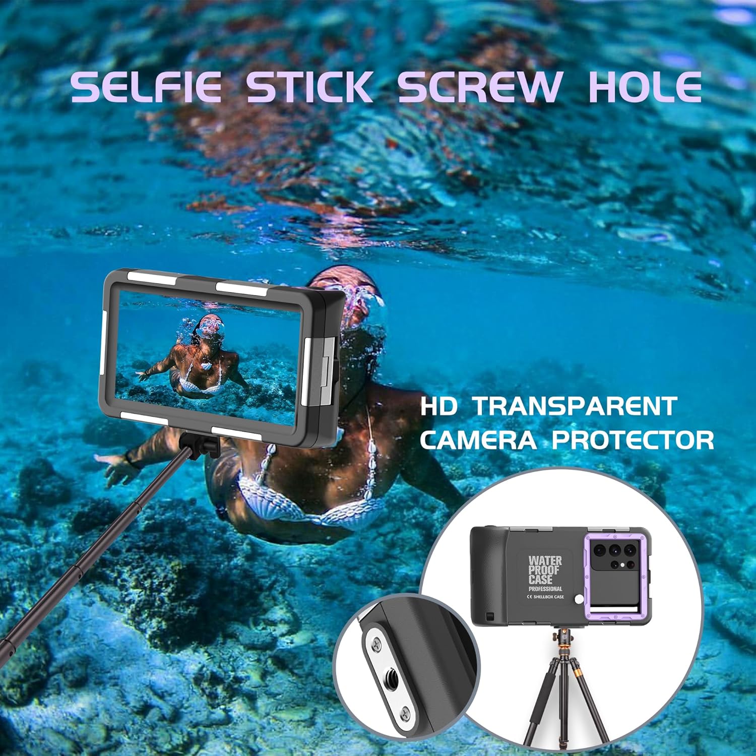Universal Diving Phone Case Underwater with Lanyard for Snorkeling Waterproof Scuba Swimming Photo Video,for iPhone 17/16/15/14/13/12/11/Pro Max Samsung Galaxy S25/S24/S23-S21/Ultra Plus-Purple