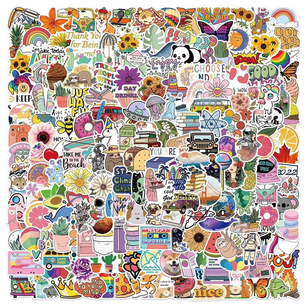 Non-Repeating Cute Stickers 200 Pack, Waterproof Fun Aesthetic Decals, Trendy Fresh VSCO Ins Stickers for Water Bottle, Laptop, Skateboard, Luggage, Bicycle, Guitar, Phone,Books,Planner