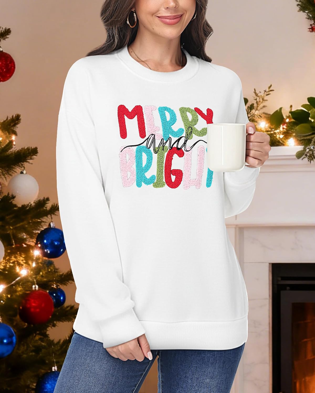 Women Christmas Sweatshirts Merry And Bright Crewneck Long Sleeve Christmas Pullover Loose Fit Xmas - Image 2