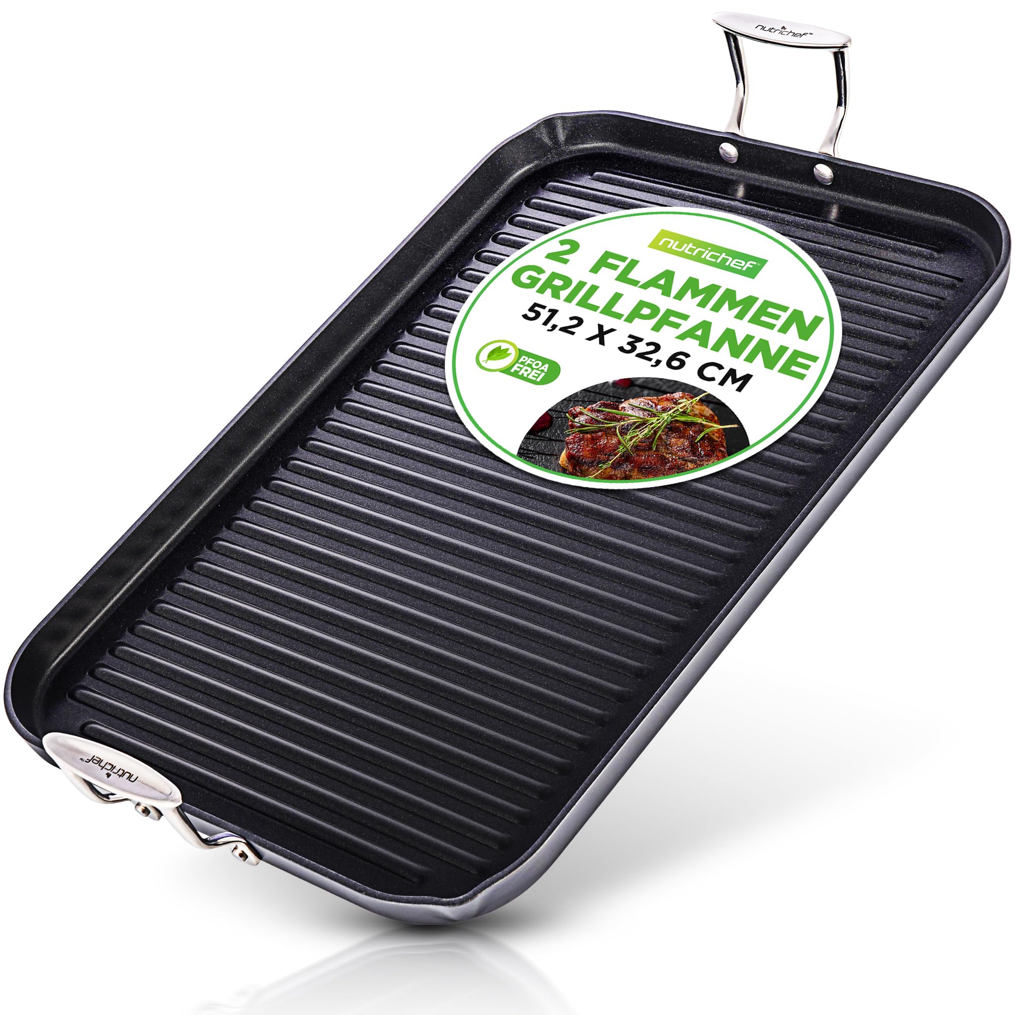 Nutrichef Grillpfanne 56×32 cm XXL Grillplatte mit Rillen – Antihaft Steakpfanne für Gasgrill, Herd & BBQ – Große Plancha Aluminium, Noir | Wird am besten von Hand gereinigt und mit Utensilien aus Kunststoff, Holz oder Silikon geschont.