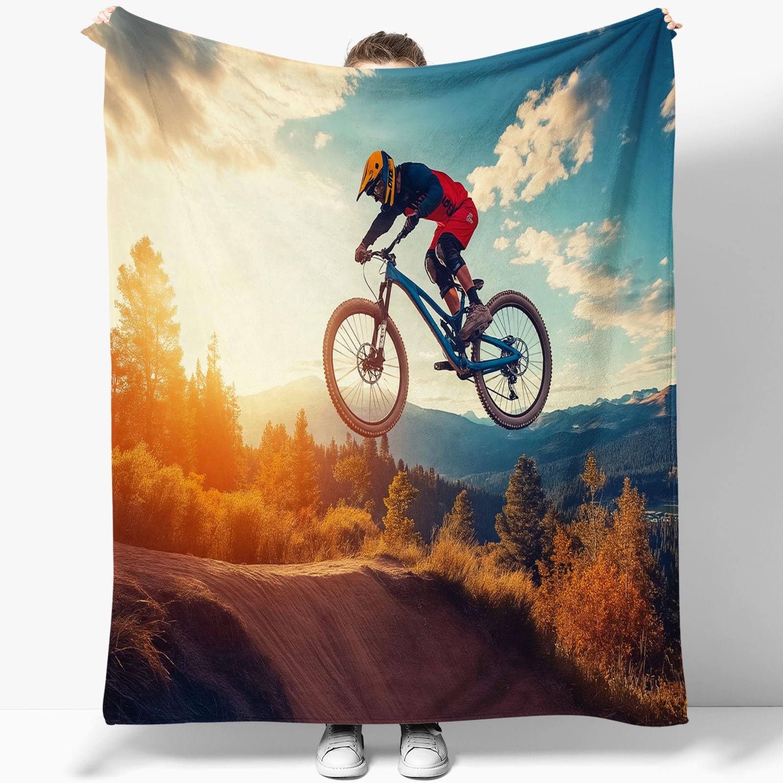 CozyRest Drucken Flanell Fleecedecke Mountainbike-Fahrer Themed Wohndecke bequem und atmungsaktiv Kinder Kuscheldecke 150 x 200 cm für Erwachsene Camping Sofa Decke