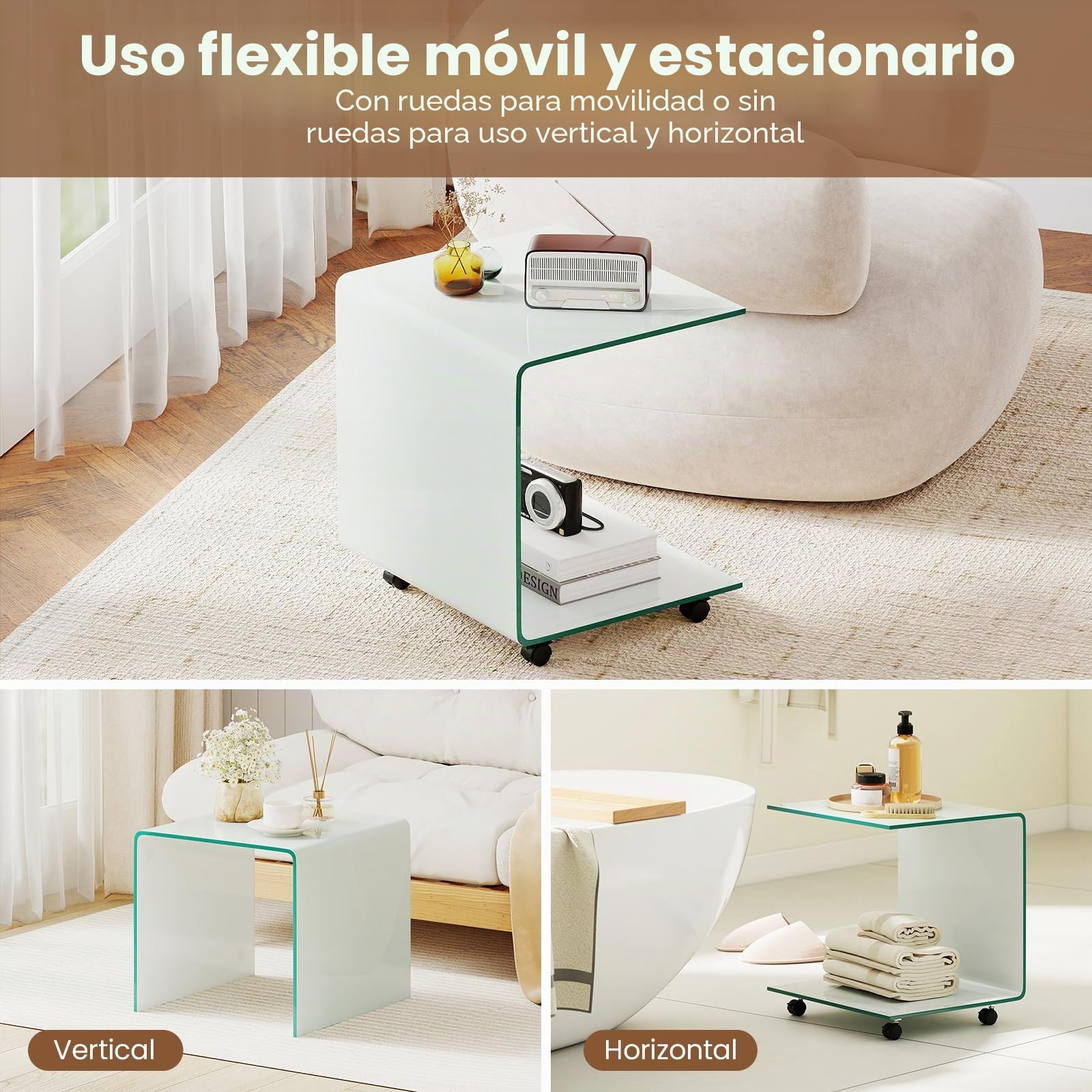 COSTWAY Mesas Auxiliares de Cristal, 45 x 45 x 41 cm, 2 Formas, Mesas de Centro Pequeñas, Mesa Auxiliar Salon Sofa de Vidrio Templado, Mesa para Café (Blanco,con Ruedas)