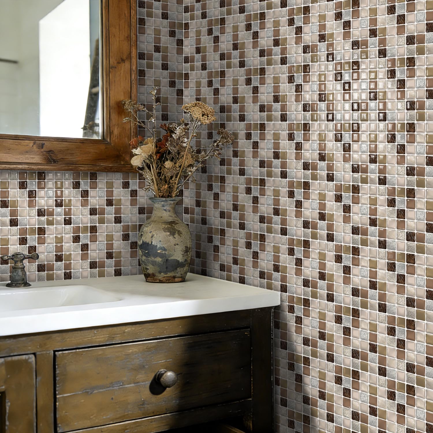Alwayspon 15x15cmx10Pcs 3D Mosaic Self Adhesive Wall Tile Sticker Transfers, Peel and Stick Adhesive Waterproof Splashback Stick on Tile Decals for Kitchen Bathroom Wall, Gradient Beige Brown