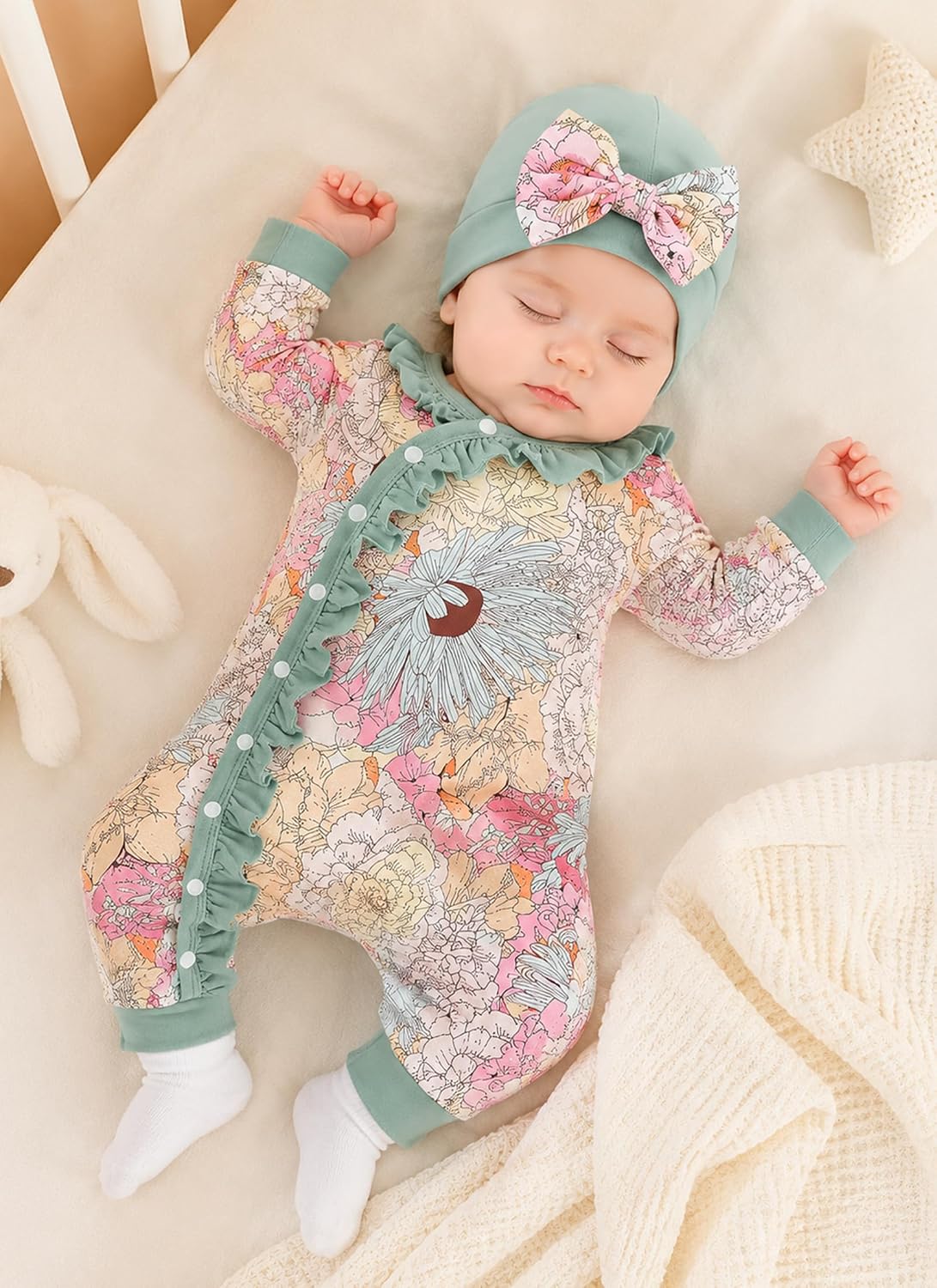 Doresbebe Newborn Baby Girl Clothes Infant Floral Print One-Piece Romper+Jumpsuit+Bodysuit+Hat+Headband image 3
