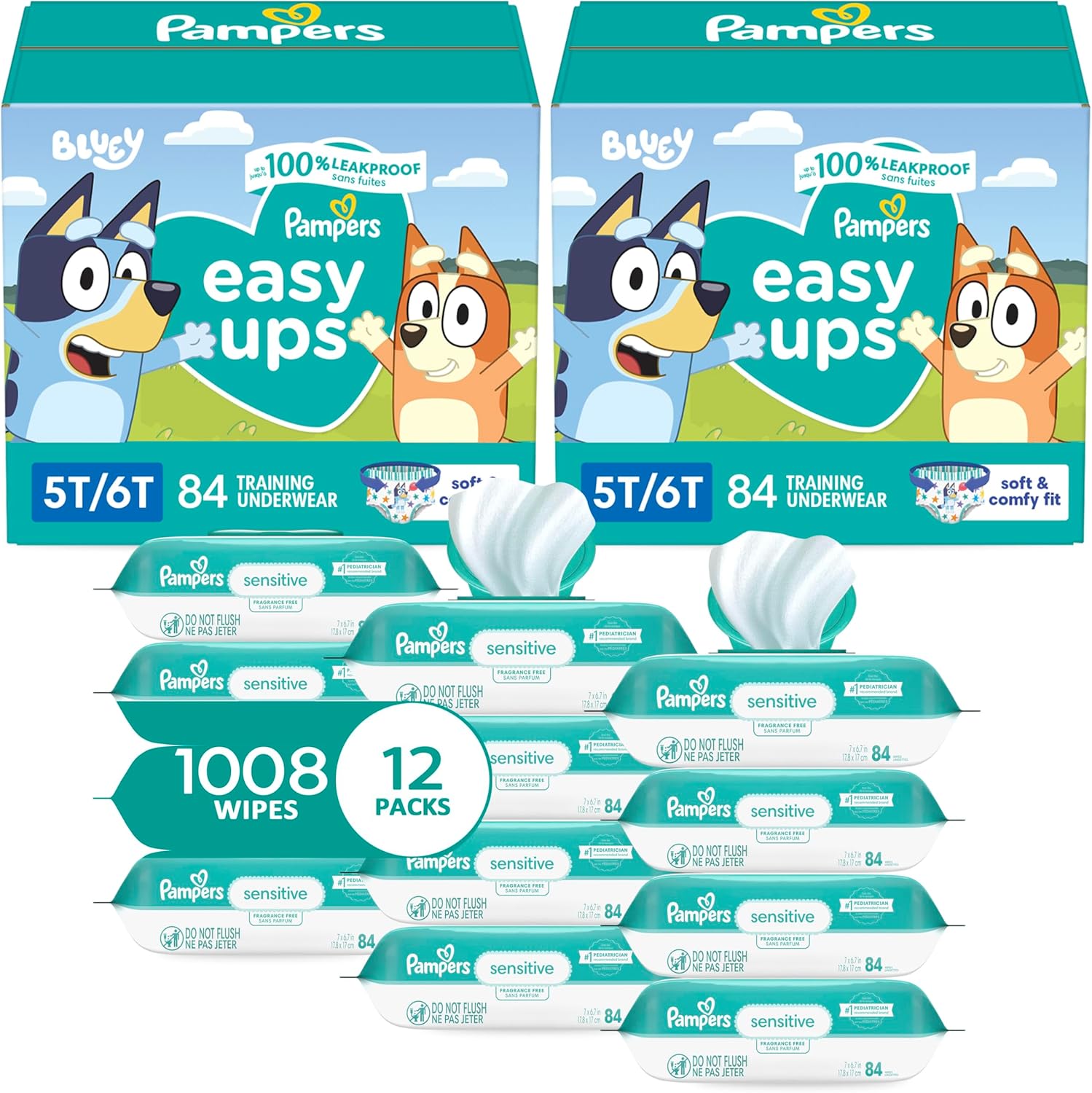 Pampers Easy Ups Pull On Training Underwear Boys, 5T-6T, 2 Month Supply (2 x 84 Count) with Sensitive Water Based Baby Wipes 12X Multi Pack Pop-Top and Refill (1008 Count)