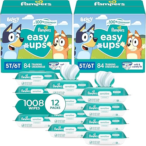 Pampers Easy Ups - Ropa interior de entrenamiento para niños, 5T-6T, suministro de 2 meses (2 x 84 unidades) con toallitas sensibles a base de agua,