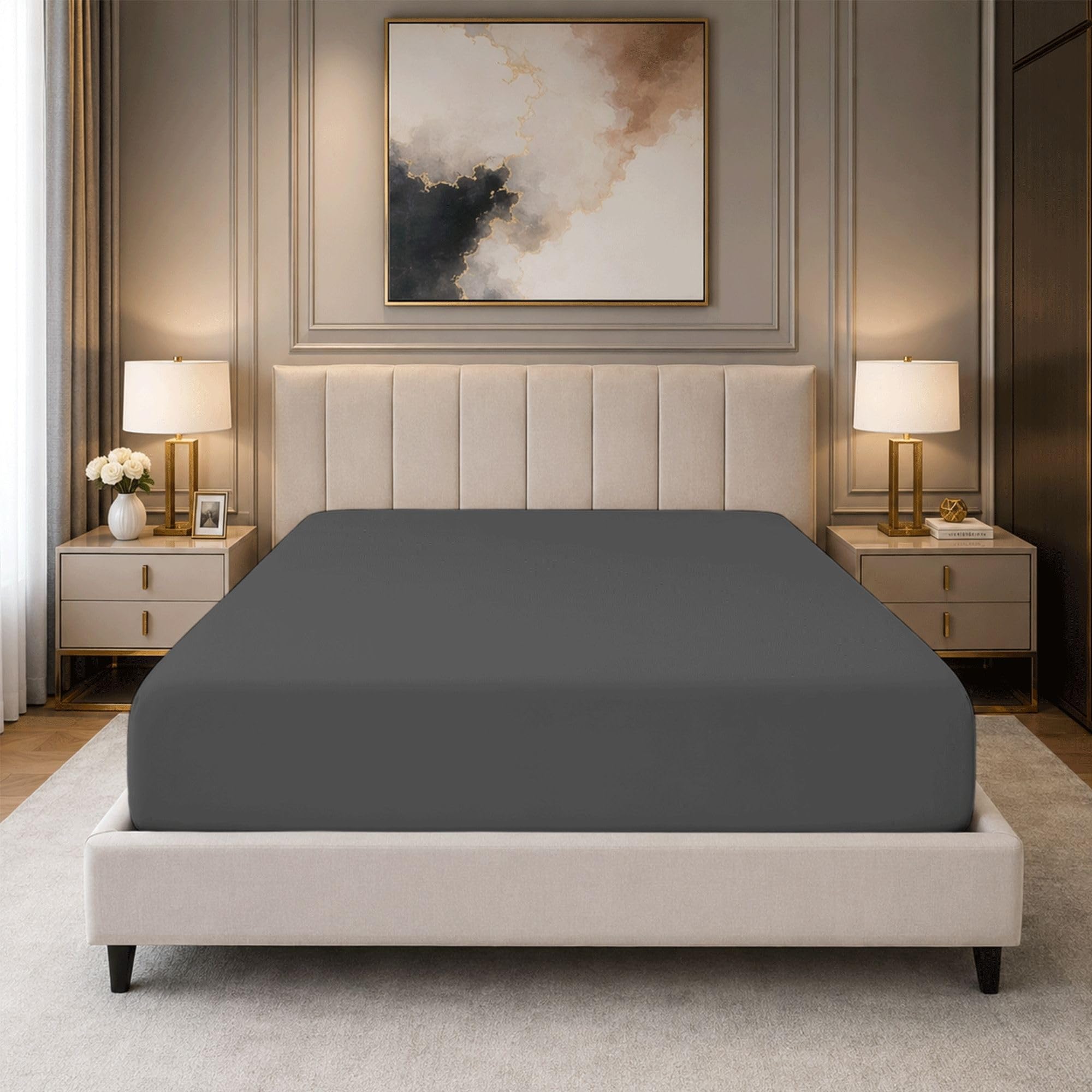 Bloombedding Grey 100% Egyptian Cotton Single Sheet, 40Cm Fitted Sheets, 400 Thread Count Bed Sheet, Extra Deep Pocket, Soft Breathable Bedding, Elasticated Fit
