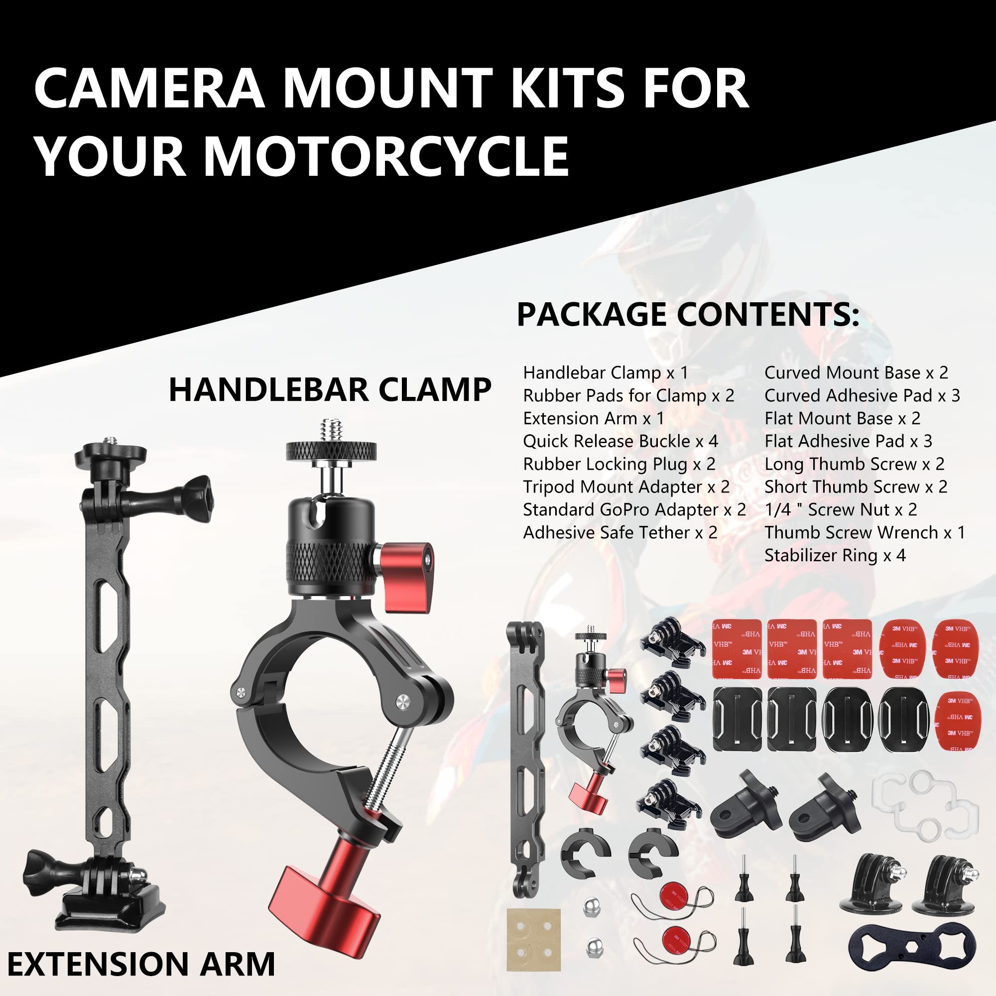 Kit de accesorios de montaje de motocicleta para GoPro, Insta360, DJI OSMO cámaras de acción para manillar de bicicleta, brazo de extensión para casco