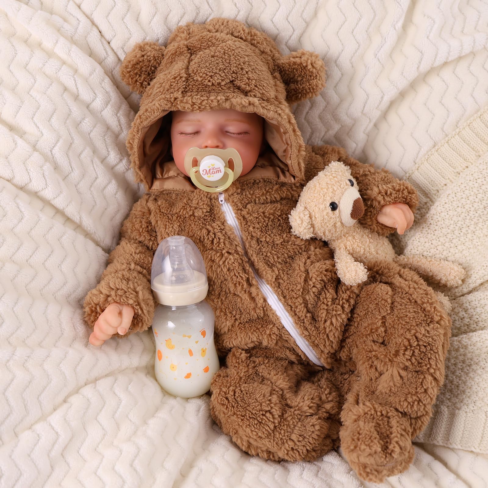 JIZHI Reborn Dolls - 17 Inch Realistic Baby Girl with Soft Cloth Body, Brown Outfit & Accessories - Lifelike Sleeping Newborn Babies Toy for Kids Aged 3+