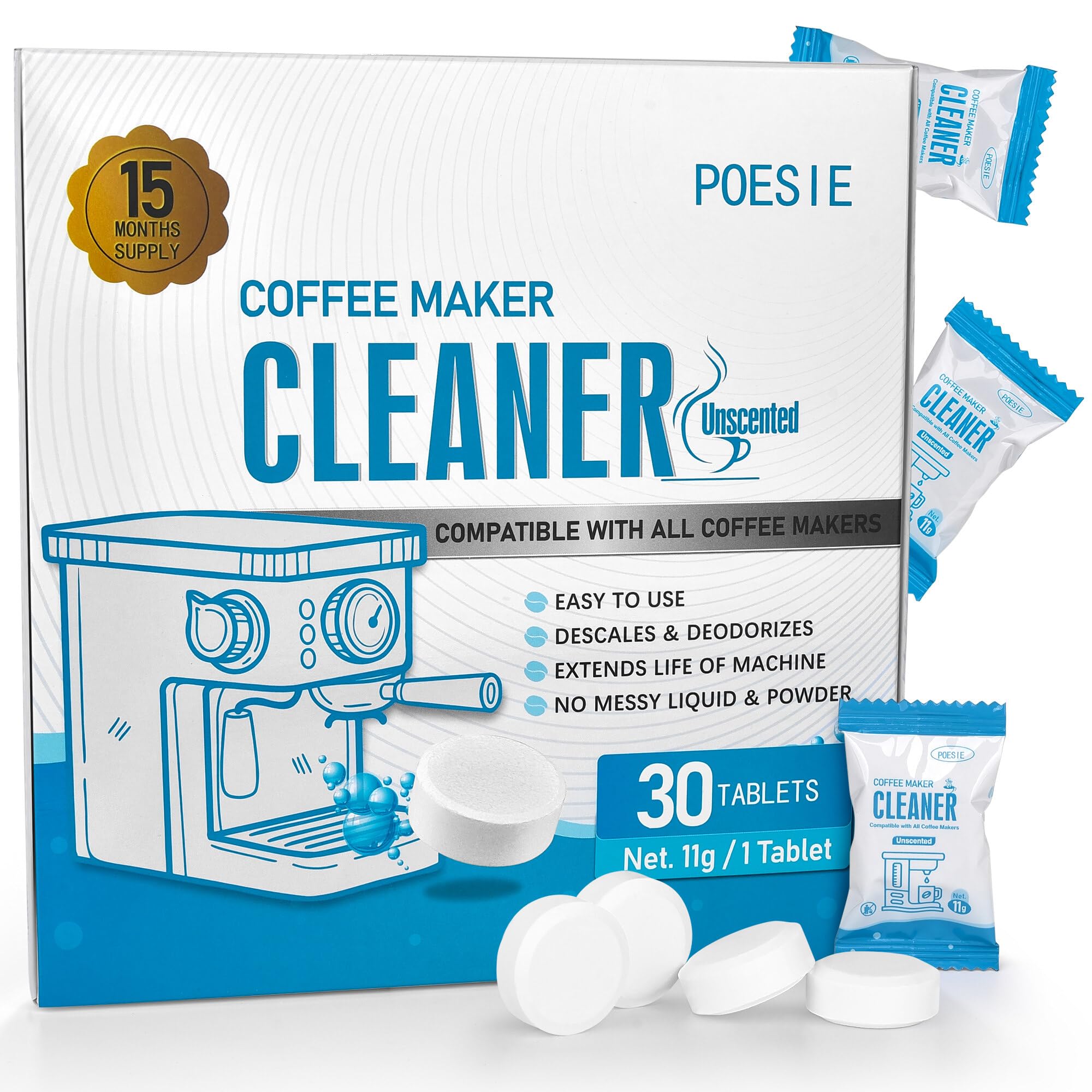 Poesie 30 Count Coffee Machine Cleaning Tablets, Coffee Maker Cleaner and Descaler for All Coffee Machine