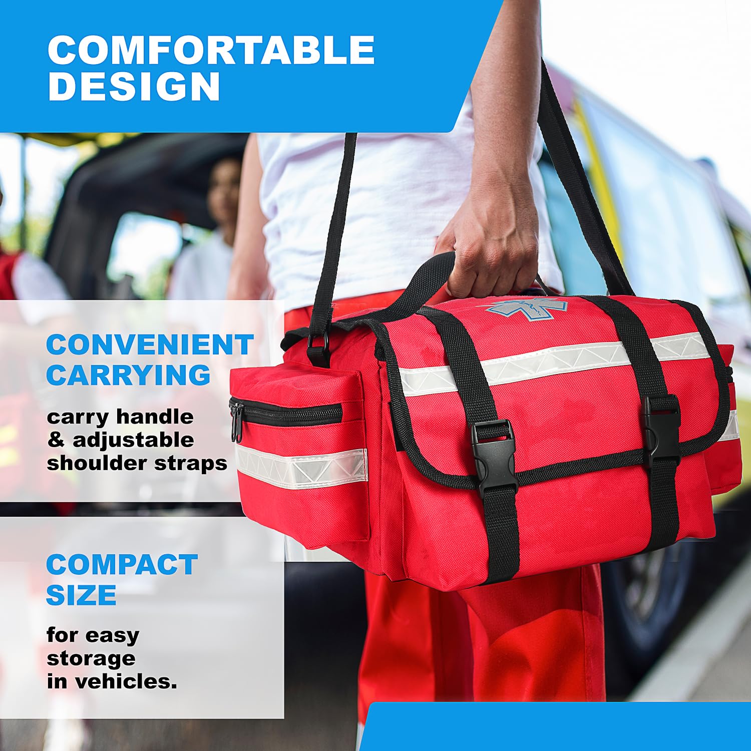 Primacare Fully Stocked Reflective Trauma Bag - 17" x 9" x 7" First Aid Responder Emergency Medical Supplies Kit, Professional EMT EMS Shoulder Bag with Zippered Side Pockets and Compartments (Red) — Amazon image 5