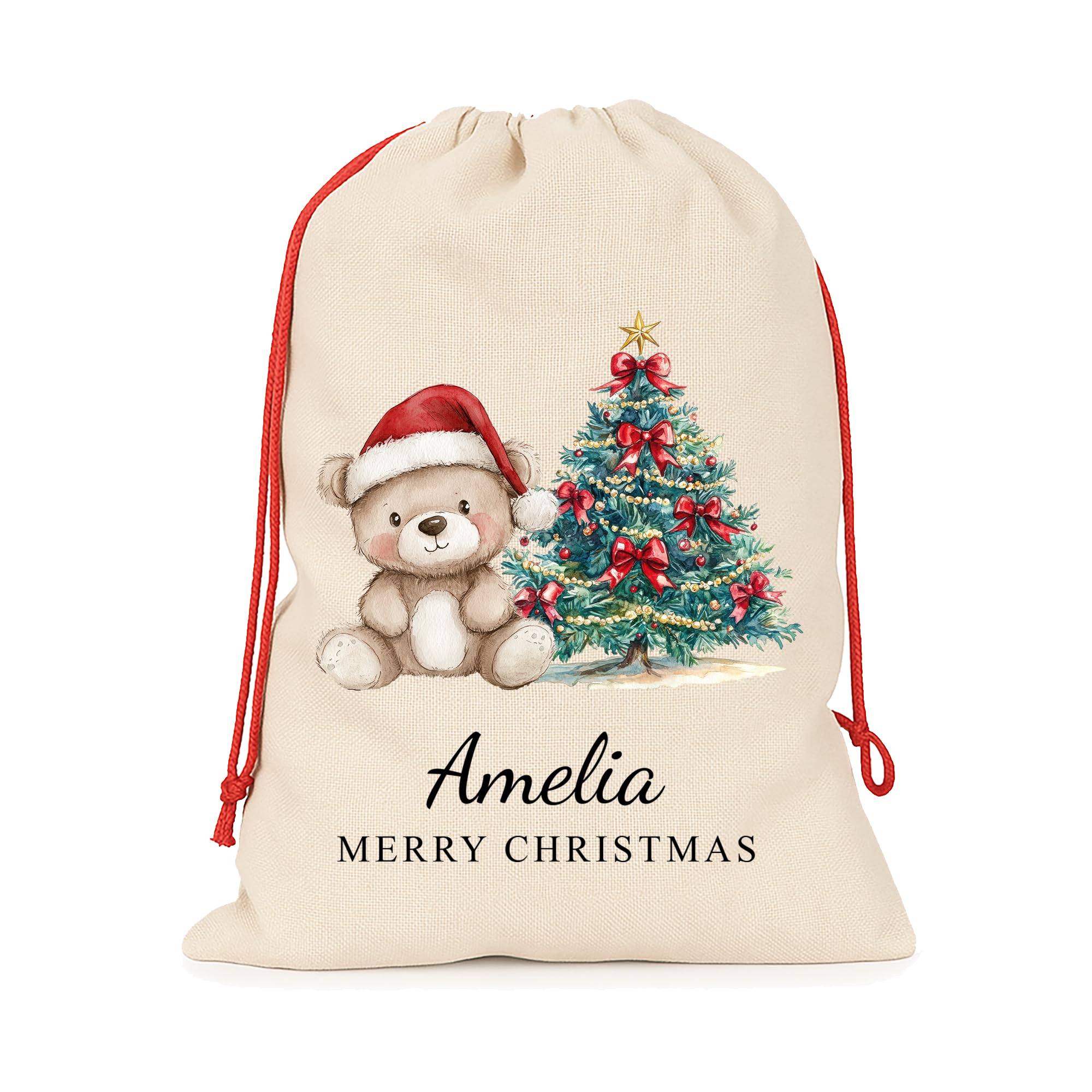 Chicken Craft Personalised Small Santa Sack with Custom Name - Christmas Sack for Presents - Kids Xmas Gift Bag - Christmas Eve Bag - 30x40cm Linen Style - Red Teddy — image 1