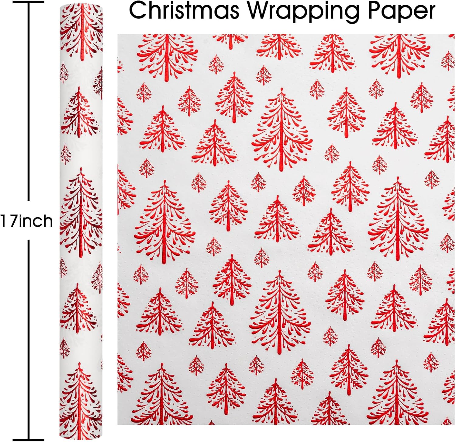 Flyhill Kraft Christmas Wrapping Paper-White 3D Embossed Gold Foil Christmas Pine Tree with Woodlands for Holiday, Party,Celebration, New Year (17 Inch X 32.8 Feet) 17inch*32.8ft Red Foil Trees
