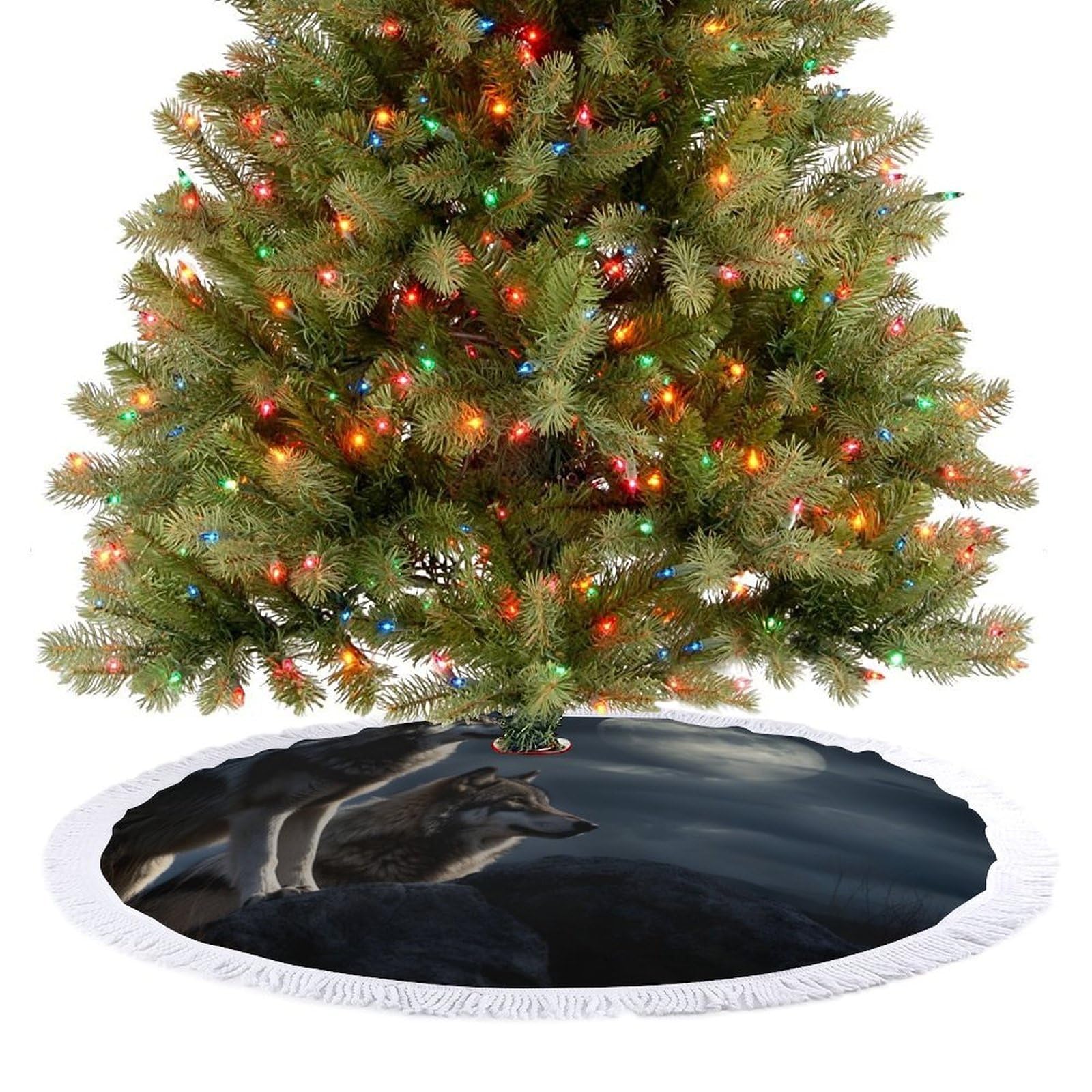 Wolves in The Moonlight Christmas Tree Skirt 30"x30" Rustic Xmas Tree Mat with Tassel Ornament Christmas Trees Cover Skirt Mat for Evergreen Trees Ornament Winter Holiday Mats Decorations