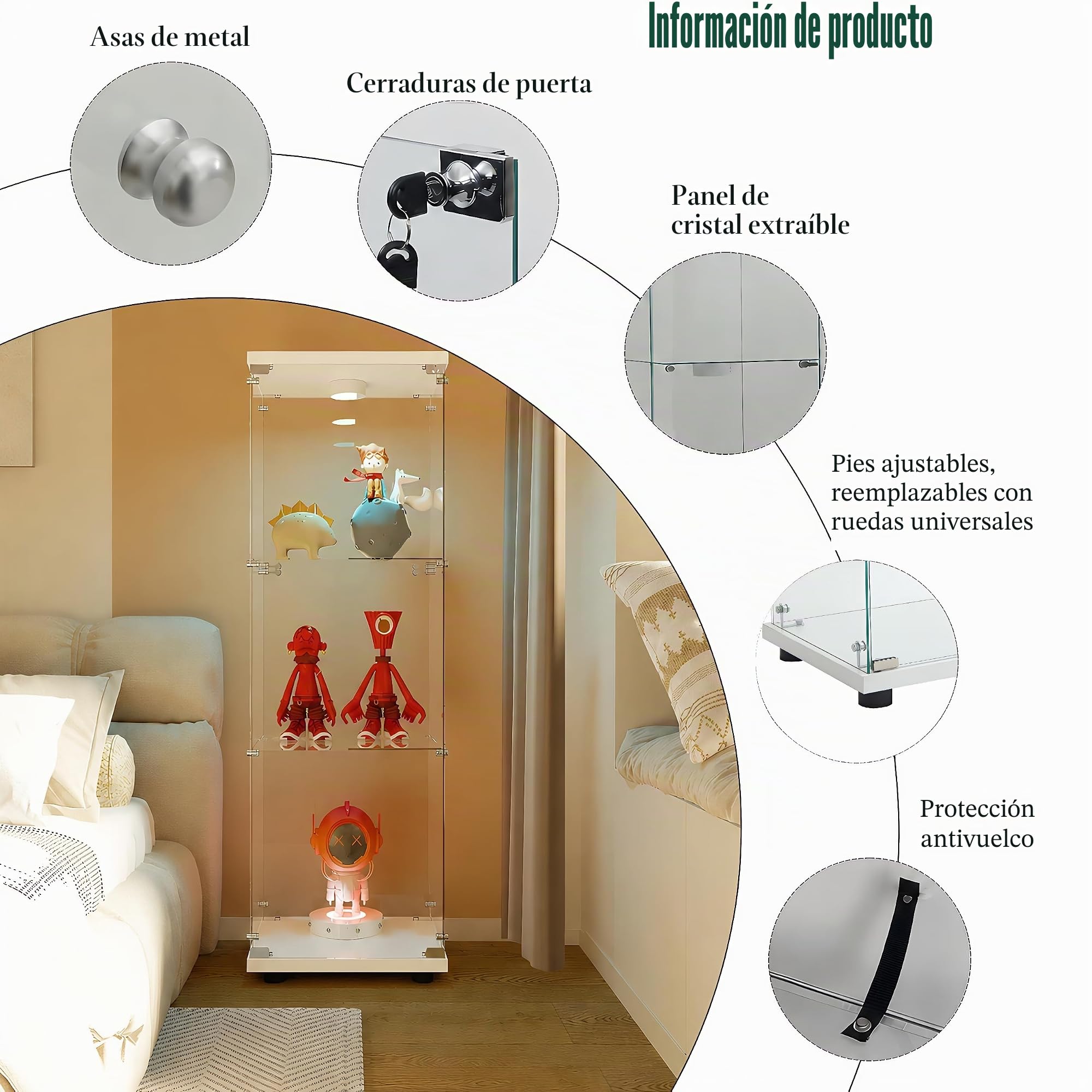 BRILVERDE Vitrina de cristal de pie, con LED, 3 pisos, con puertas y cerradura, para coleccionistas, libros, vino, oficina, salón (blanco, 125 x 42 x 36 cm)