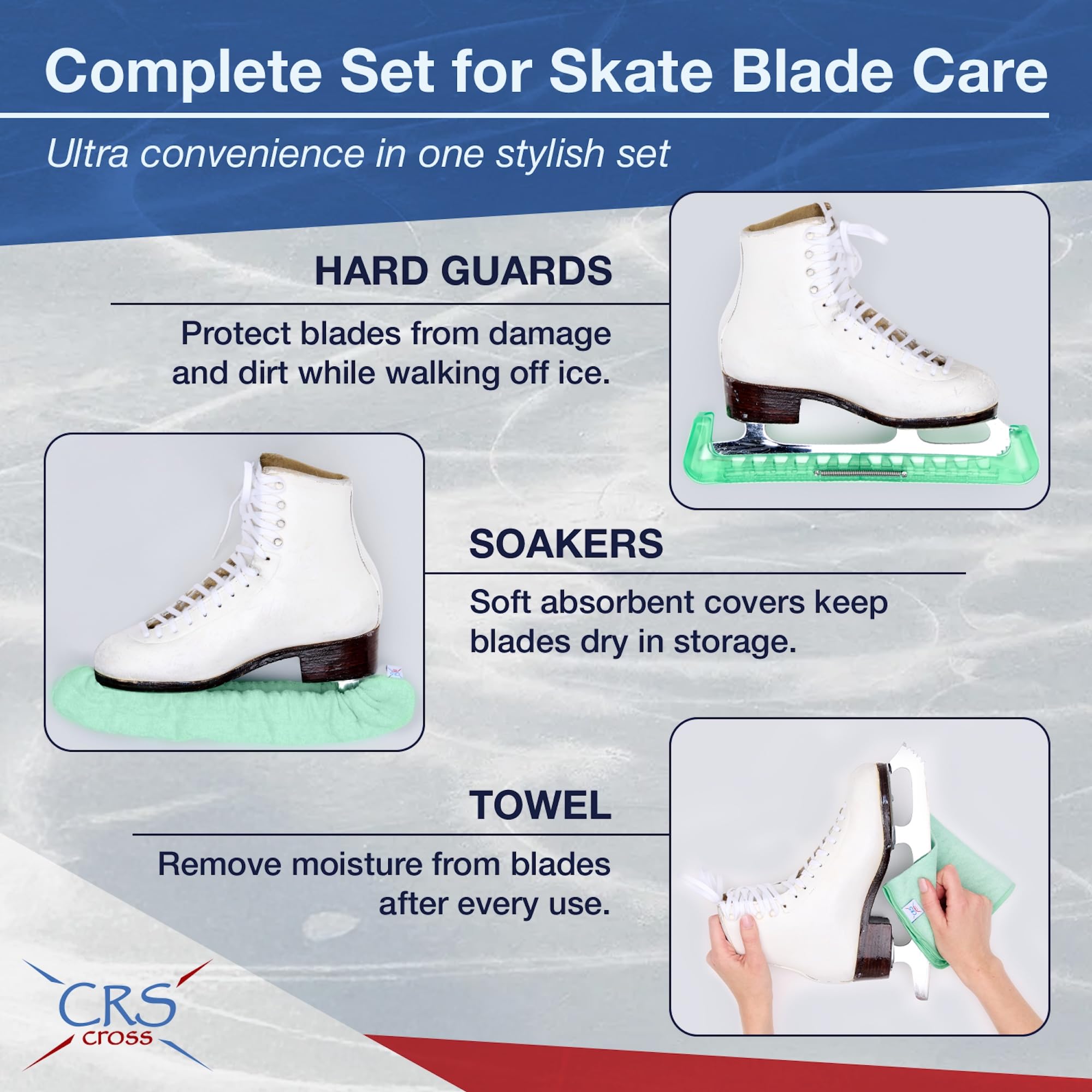 CRS Cross Skate Guards, trempettes et Serviette – Protections de Patinage à Glace et Housses de Lames de Skate Souples pour Patinage Artistique ou Hockey