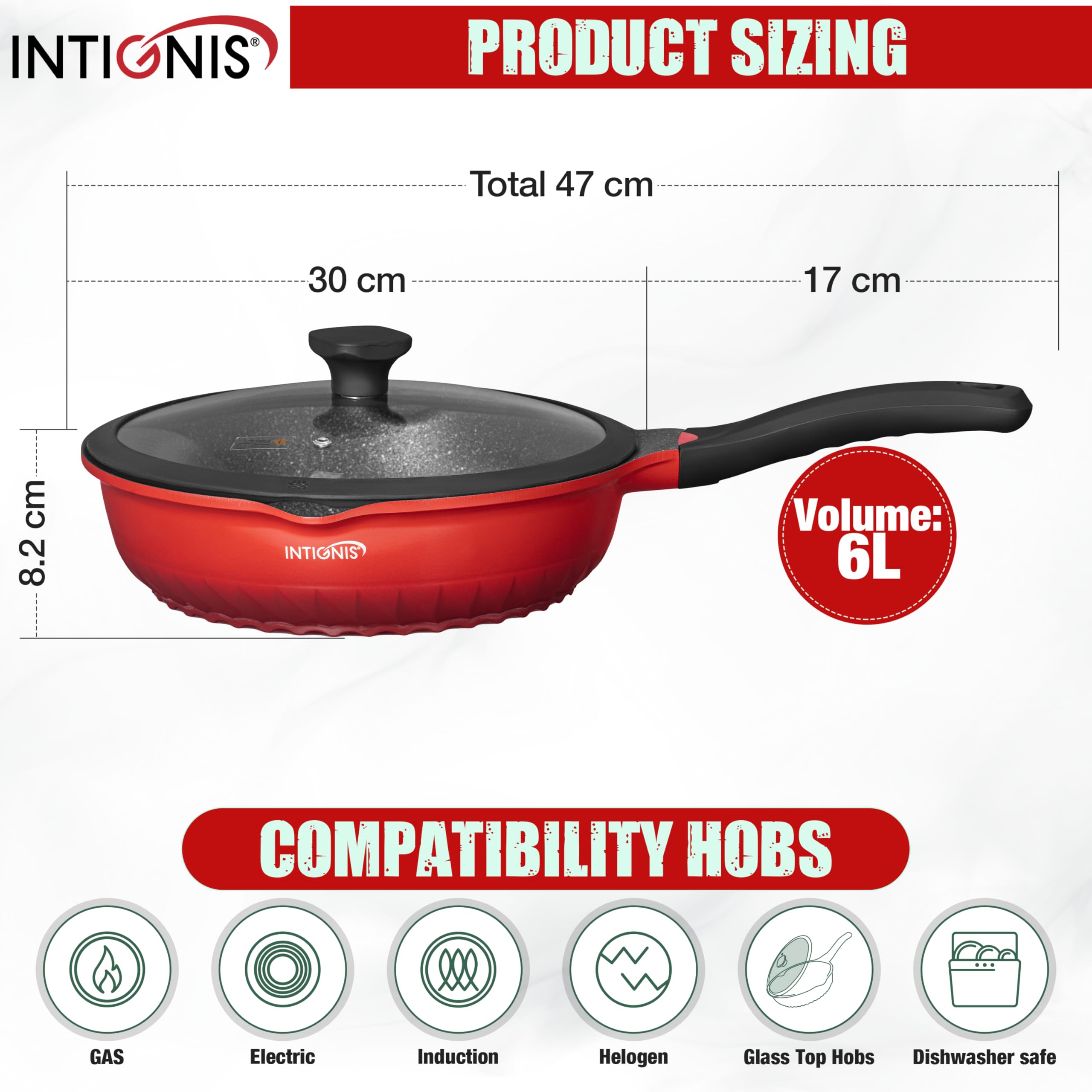INTIGNIS Poêle à frire de 30 cm de profondeur avec couvercle | Anti-rayures | Compatible induction | Intérieur anti-adhésif | Poignée résistante à la chaleur | Parfaite pour la cuisine quotidienne