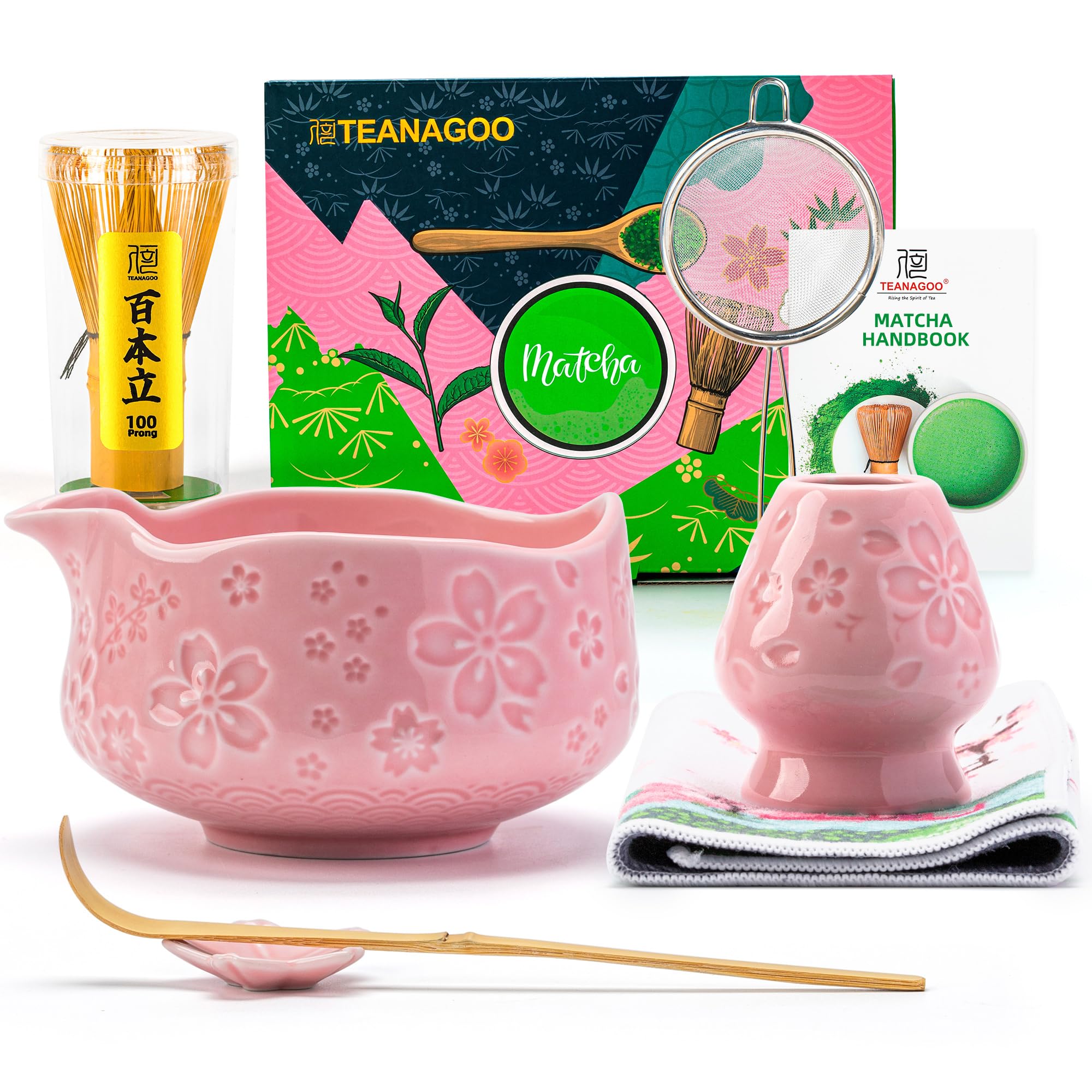TEANAGOO 7 Stück Matcha Set Rosa, Keramik Schale (Chawan) mit Ausguss & Bambusbesen, Komplettset für Matcha Zeremonie und Latte, Geschenk für Matcha Liebhaber