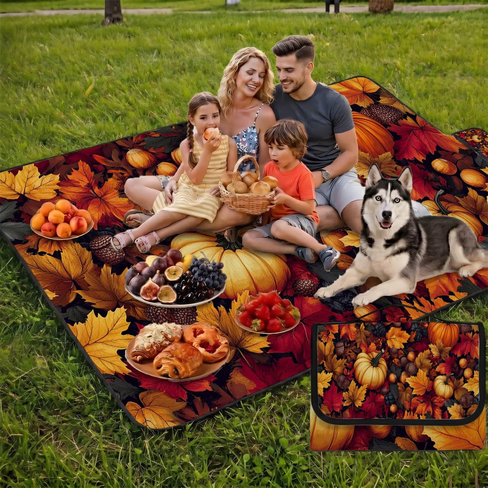Coperta de Picnic Grande 200x200 cm, Zucca Manta Picnic Impermeable Anti-Sabbia Manta de Playa Pieghevole, Outdoor Picnic Blanket per Spiaggia, Camping, Giardino, Trekking - Autunno FZ-142