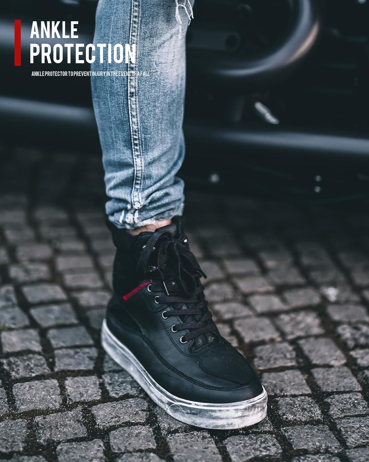 BORLENI Cowhide Leather Motorcycle Shoes for Men- Reinforced Street Waterproof Motorcycle Riding Boots with Side Zipper Ankle Support, Anti-Slip Sole Casual Breathable Powersports Shoes Black 12 - Image 2