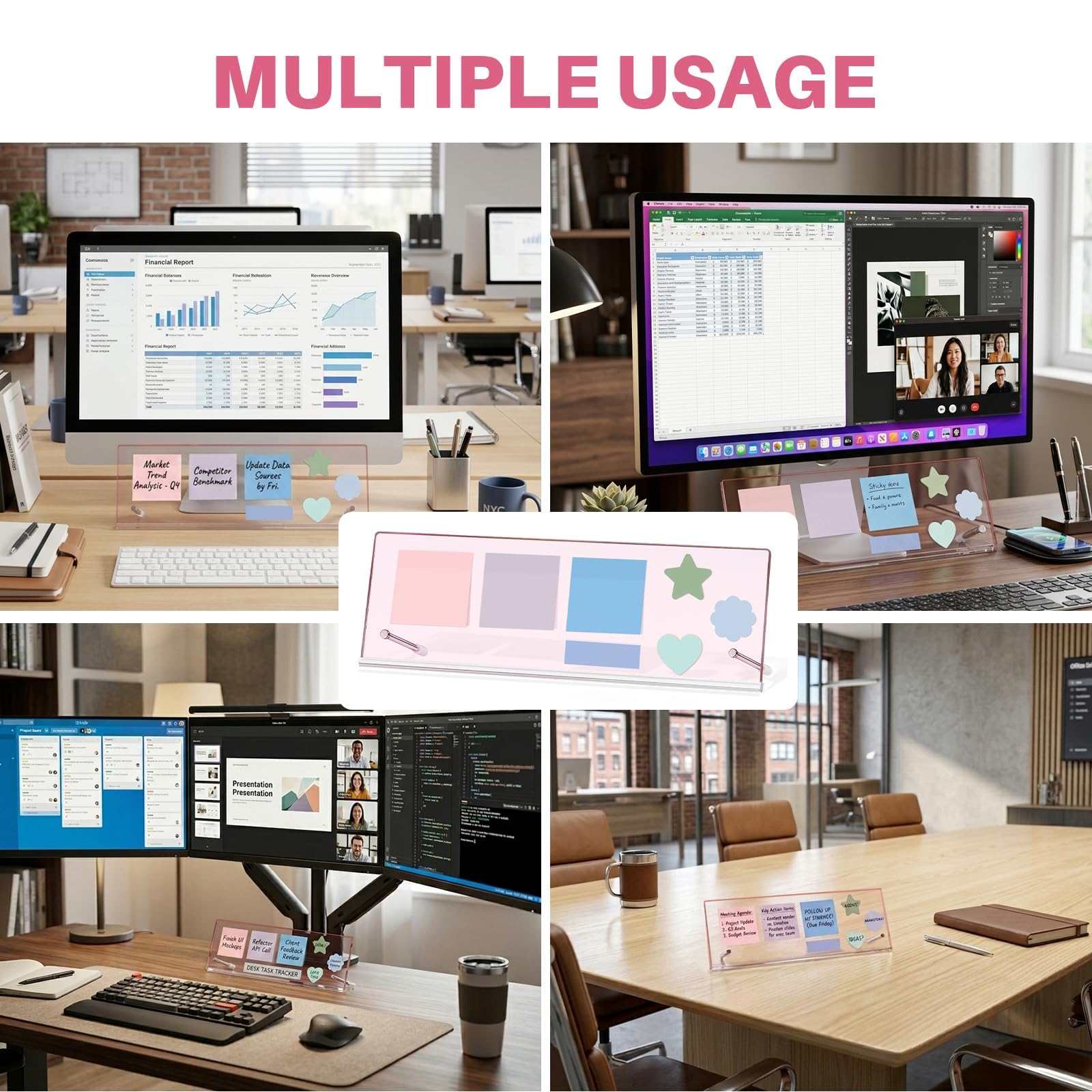 Monitor Memo Board Holder 14"x5"-Pink, Office Organization for Computer Sticky Note Holder, Space-Saving Under Monitor, Movable & Reusable, Cute Desk Accessories for Office & Home Desktop Decor view 8