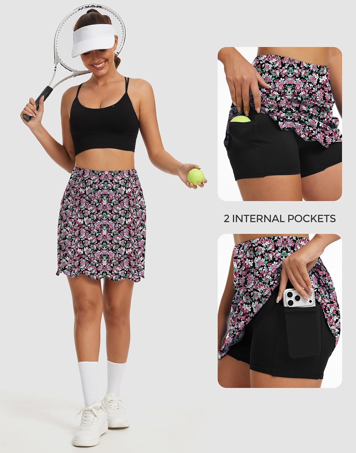 M MOTEEPI 18" Scalloped Hem Skorts for Women with 4 Pockets High Waist Golf Skort Tennis Athletic Workout Skirt