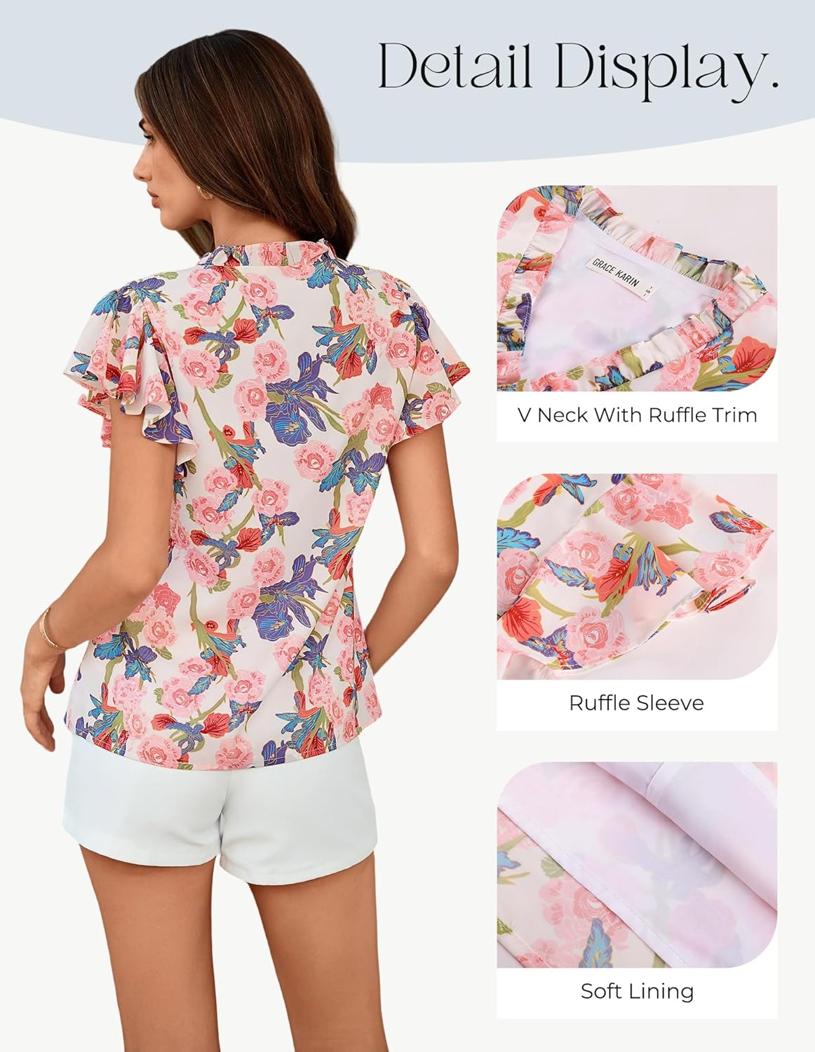 GRACE KARIN 2026 Boho Tops for Women Dressy Casual,Ruffle Sleeve Chiffon Blouses Work Shirts,V Neck Summer Fashion Clothes - Image 4