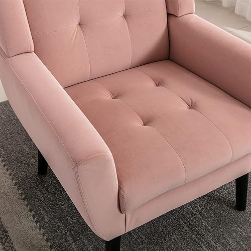 Miniatura 6 de Homsof Silla decorativa de terciopelo, sillón ergonómico moderno, para sala de estar, sofá individual con patas de madera negra, color rosa