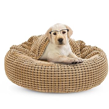 Peswety Small Dog Bed Cuddle Cat Bed Donut Pet Medium Cover Washable Clearance Snuggler Soft Plush Attached Blanket Round(23.6in Coffee)