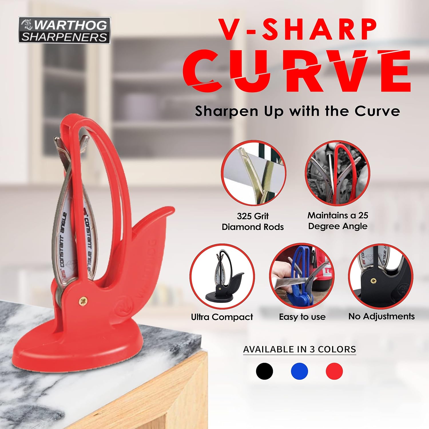 Warthog V-Sharp CURVE Professional Knife Sharpener System, 25 Degree Angle Knife Sharpener, 325 Grit Diamond Hones, Kitchen Tools, Easy to Use, Lightweight, No Adjustments, Ultra Compact, Red