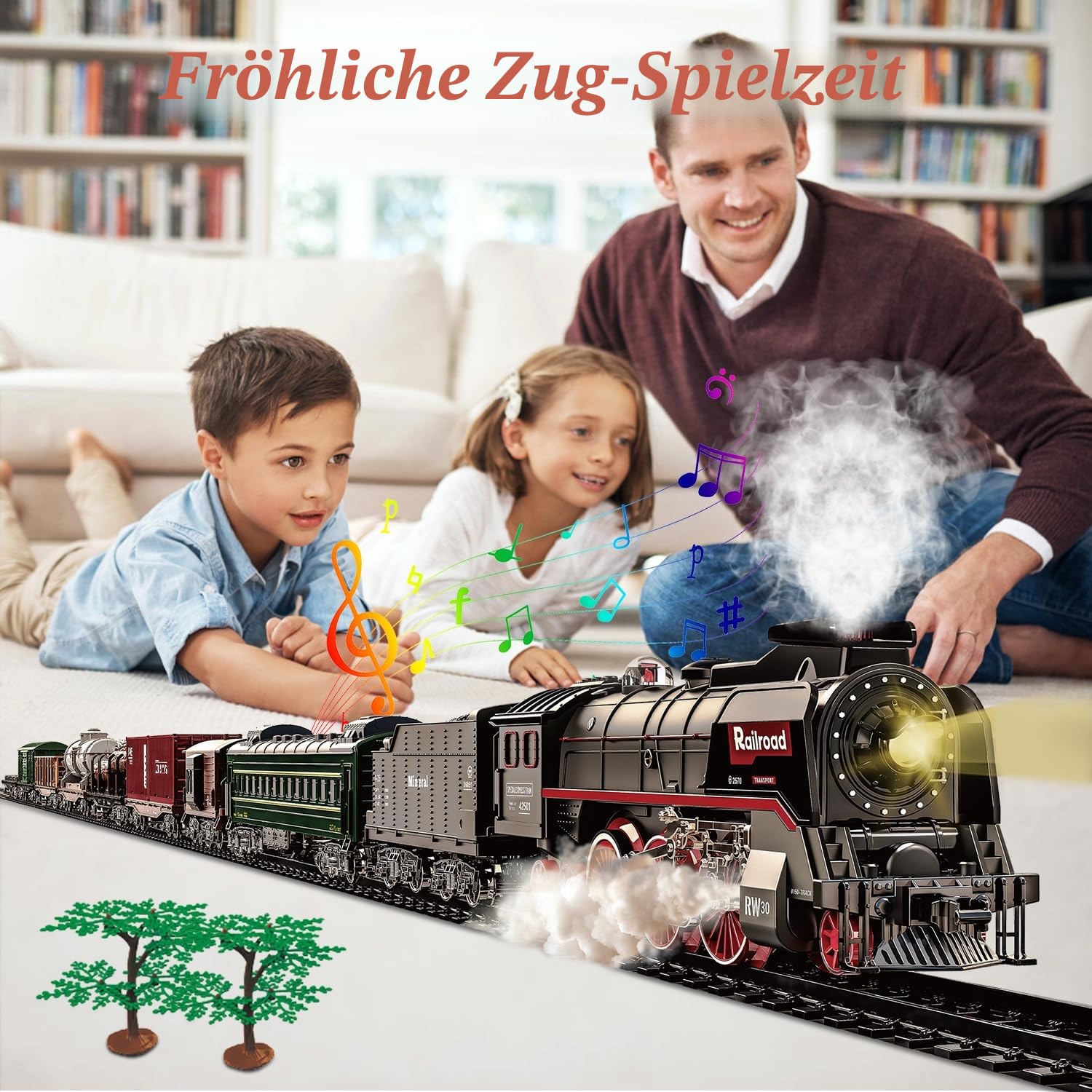Eisenbahn Set für Kinder, Elektrische Eisenbahnspielzeuge mit Realistischen Lichtgeräuschen Rauch, Weihnachtszug Modell Geschenke, Dampflokomotive, Luxus-Schiene & 2 Leuchtende Personenwaggons