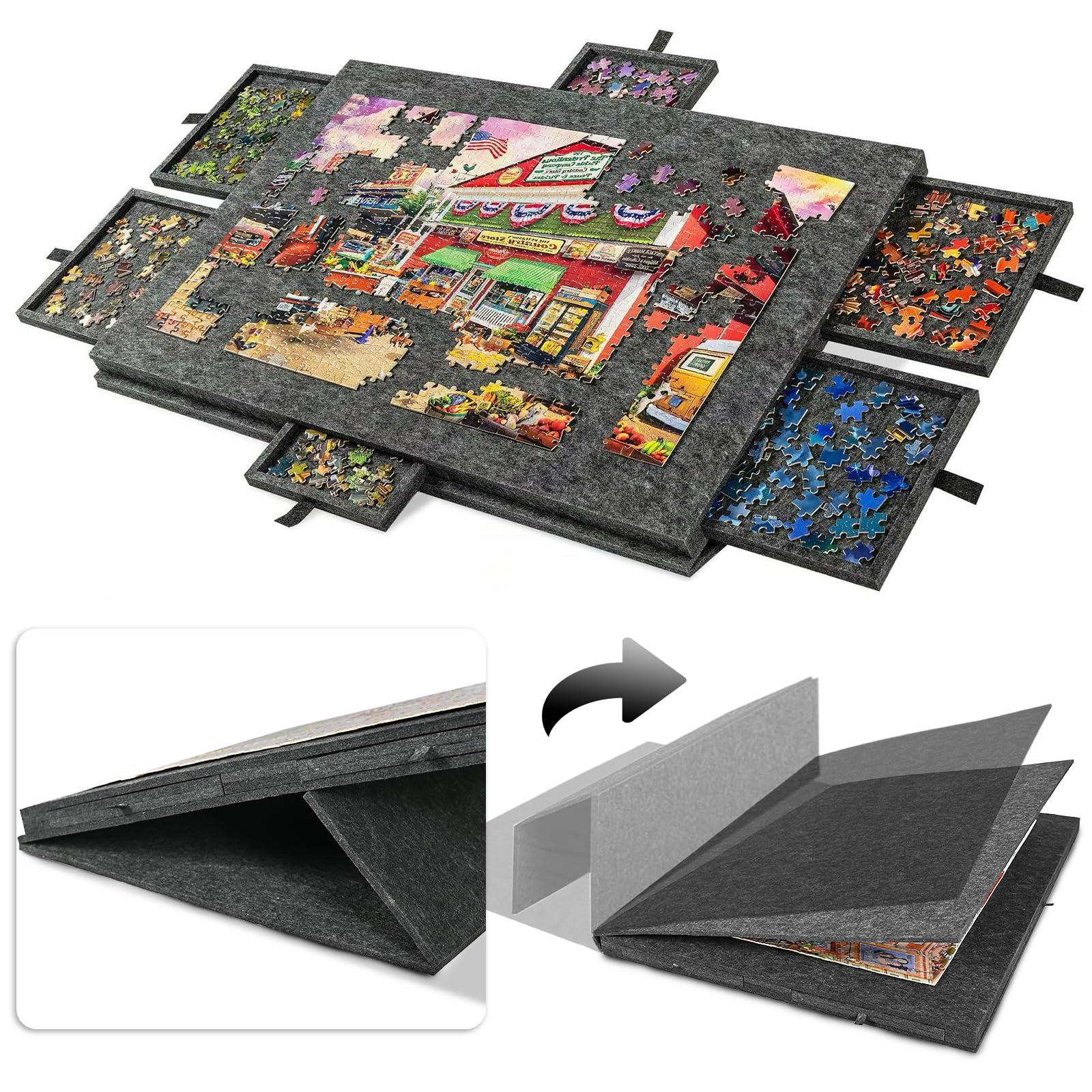 Kippbares Puzzlebrett Mit 2-In-1-StäNder Und Abdeckung, Ultraleichter Puzzletisch Aus Filz, Tragbarer Puzzletisch Mit 6 Schubladen, Bis Zu 1000 Puzzles