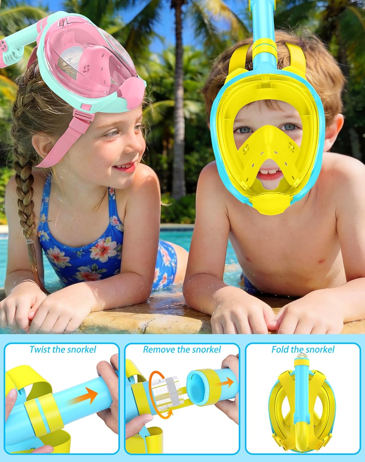 Greatever Snorkeling Gear for Kids，Ideal Gifts of Kids Snorkel Mask，Full Face Snorkel Mask Kids with Camera Mount，Safe Breathing for Enchanting Travel