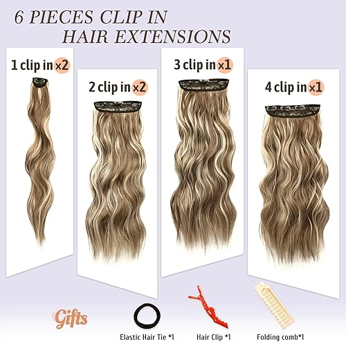 Miniatura 8 de NAYOO Extensiones de cabello con clip para mujer, 20 pulgadas de largo, ondulado, rizado, mezcla de castaño oscuro, extensiones de cabello sintético