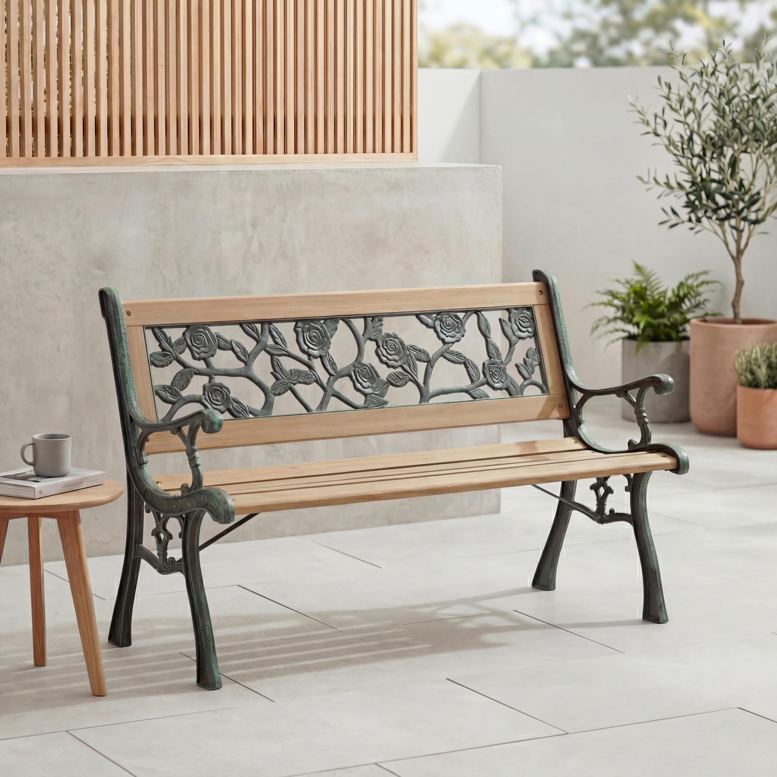 Home Discount Garden Vida Garden Bench, Rose Style Design 3 Seater Outdoor Furniture Seating Wooden Slats Cast Iron Legs Park Patio Seat