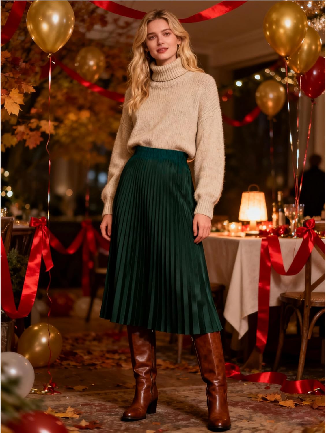 Women's Pleated Skirts High Elastic Waist A-Line Swing Skirt Midi Length - Image 2