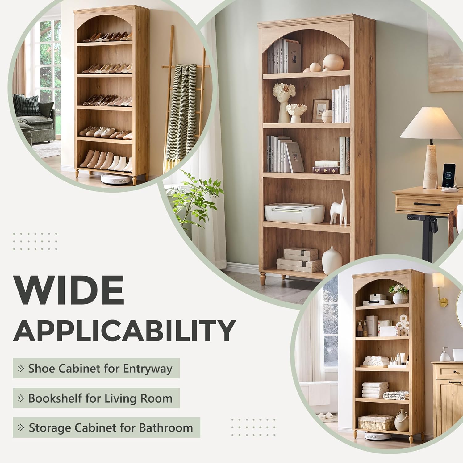 76" Tall Arched Bookcase, Farmhouse 5 Tiers Large Arched Bookshelf Cabinet with Adjustable Shelves, Modern Wooden Book Shelf w/Storage and Open Display Shelves for Living Room, Office-Natural - Image 4