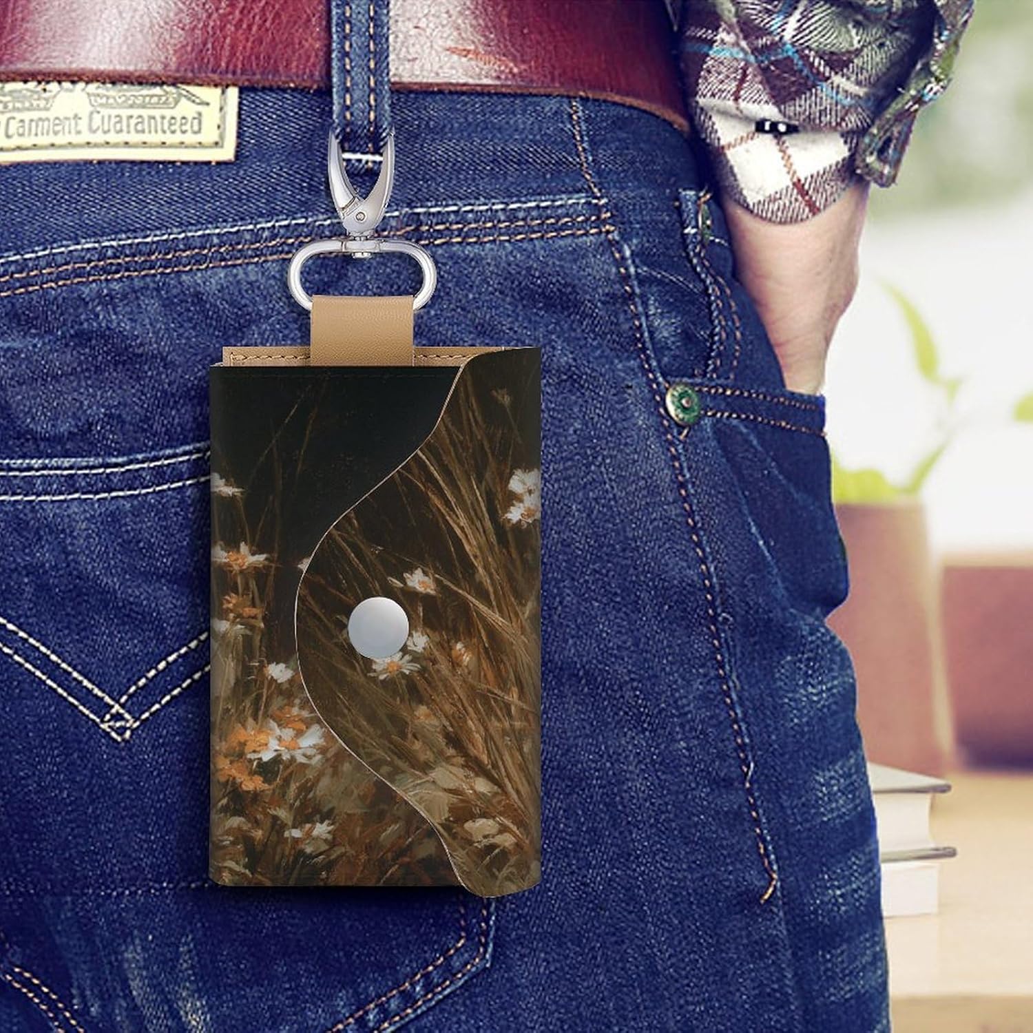 Two Cute Ghosts Wildflowers And Tall Grass Key Holder Bag PU Leather ID Card Holder Keychains Case Cover for Men Women