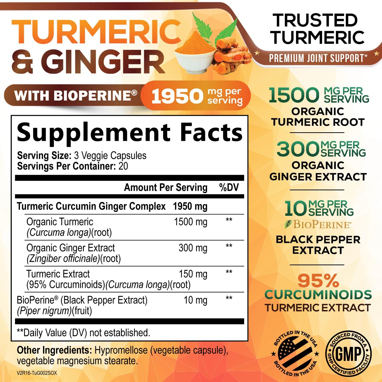 Turmeric Curcumin Supplement - 95% Curcuminoids with Organic Turmeric & Ginger, BioPerine Black Pepper Extract for Best Absorption, Natural Vegan Joint Support, Non-GMO, Bottled in USA - 60 Capsules — Amazon image 2