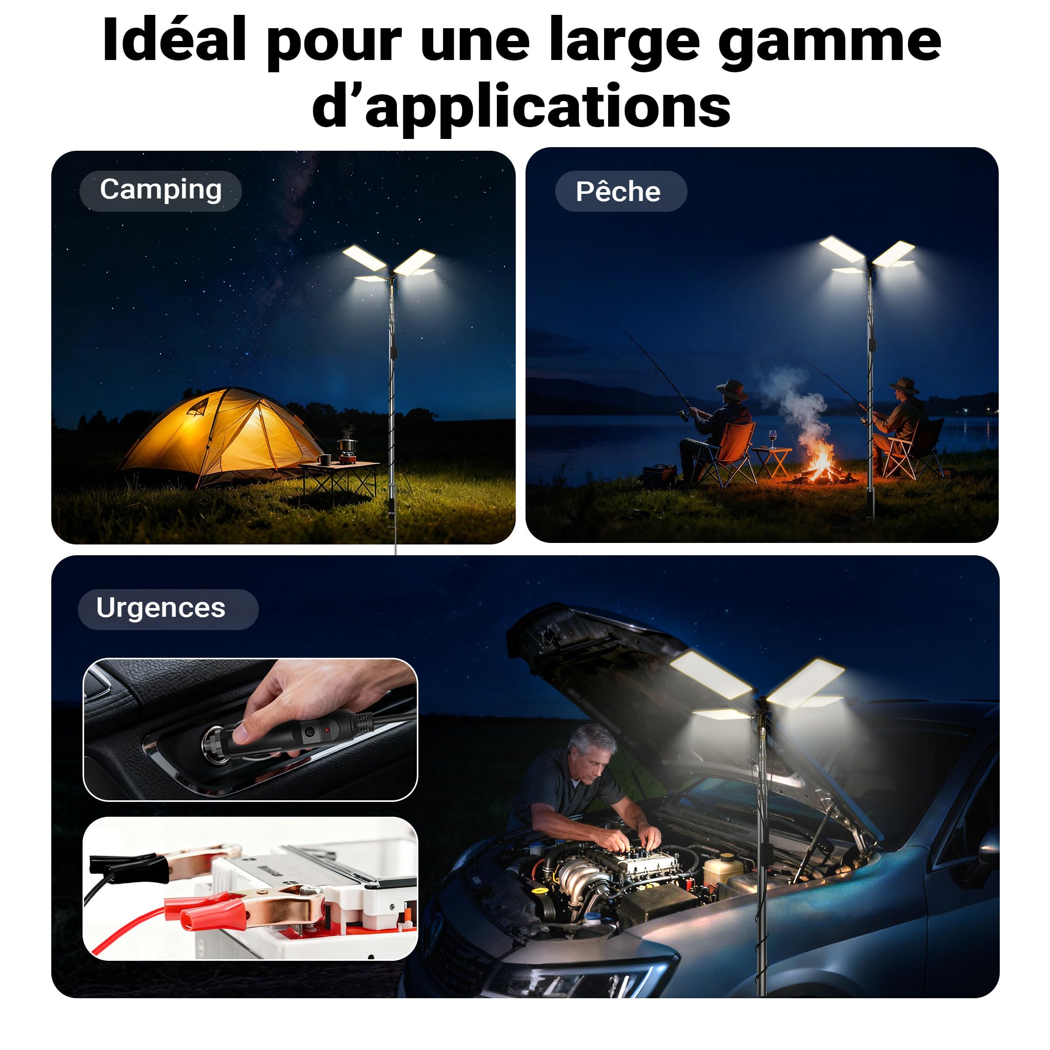 Wiltec Lampe télescopique 12 V LED V2, 560 x 560 x 1190 mm, 912 LED, 11224 lm, Lumière avec Barre de support et Télécommande pour Camping Tente Excursions