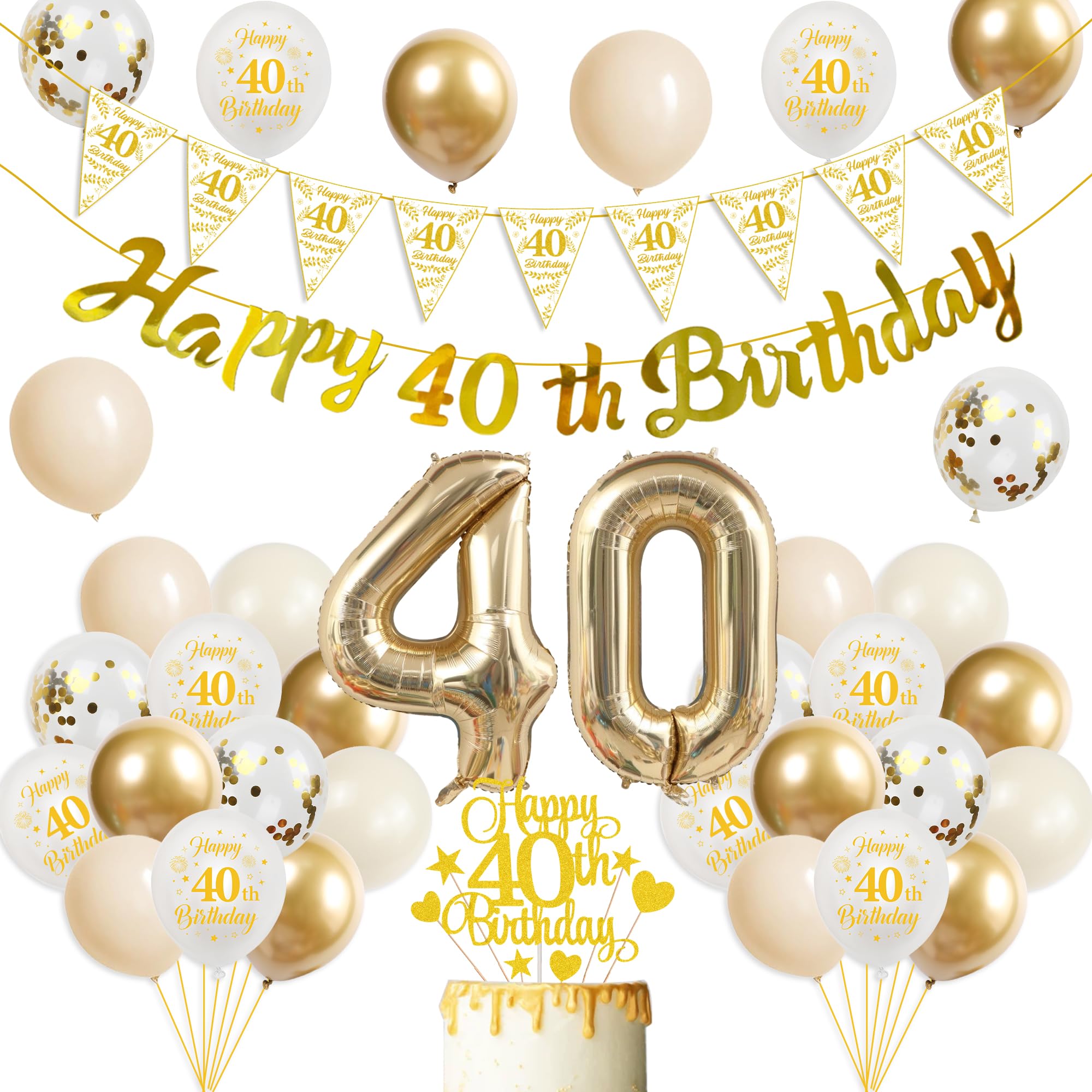 40th Birthday Decorations Women Kit - 43 Pcs Gold White Happy 40th Birthday Banner Triangular Flag Number 40 Balloons Set Cake Topper for Women Happy 40 Year Old Party Decoration Celebration Supplies