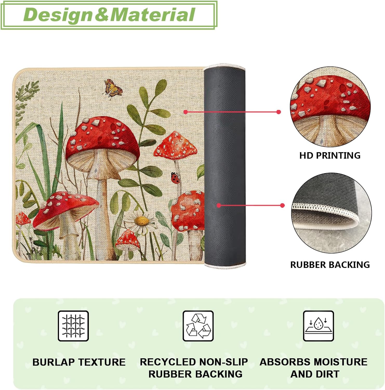 Baccessor Spring Summer Kitchen Rugs Set of 2, Mushrooms Daisy Kitchen Mats for Floor Low-Profile Seasonal Holiday Home Decor 17x29 and 17x47 Inch