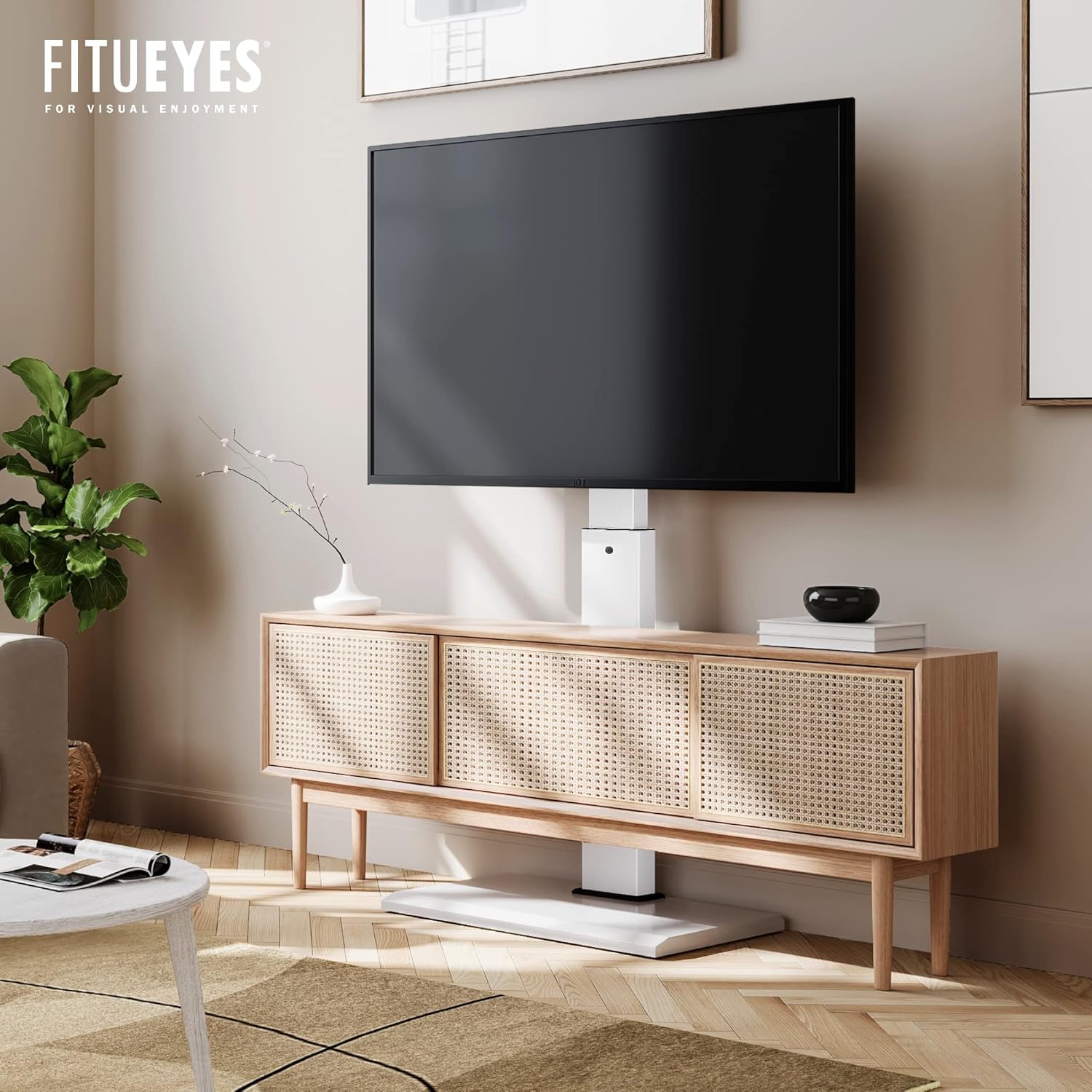 FITUEYES Floor Swivel TV Stand with Power Outlet for 32-65 Inch TVs, Floor TV Stand with Mount Height Adjustable with Iron Base, Hold Up to 88lbs, Space Saving for Bedroom, Living Room