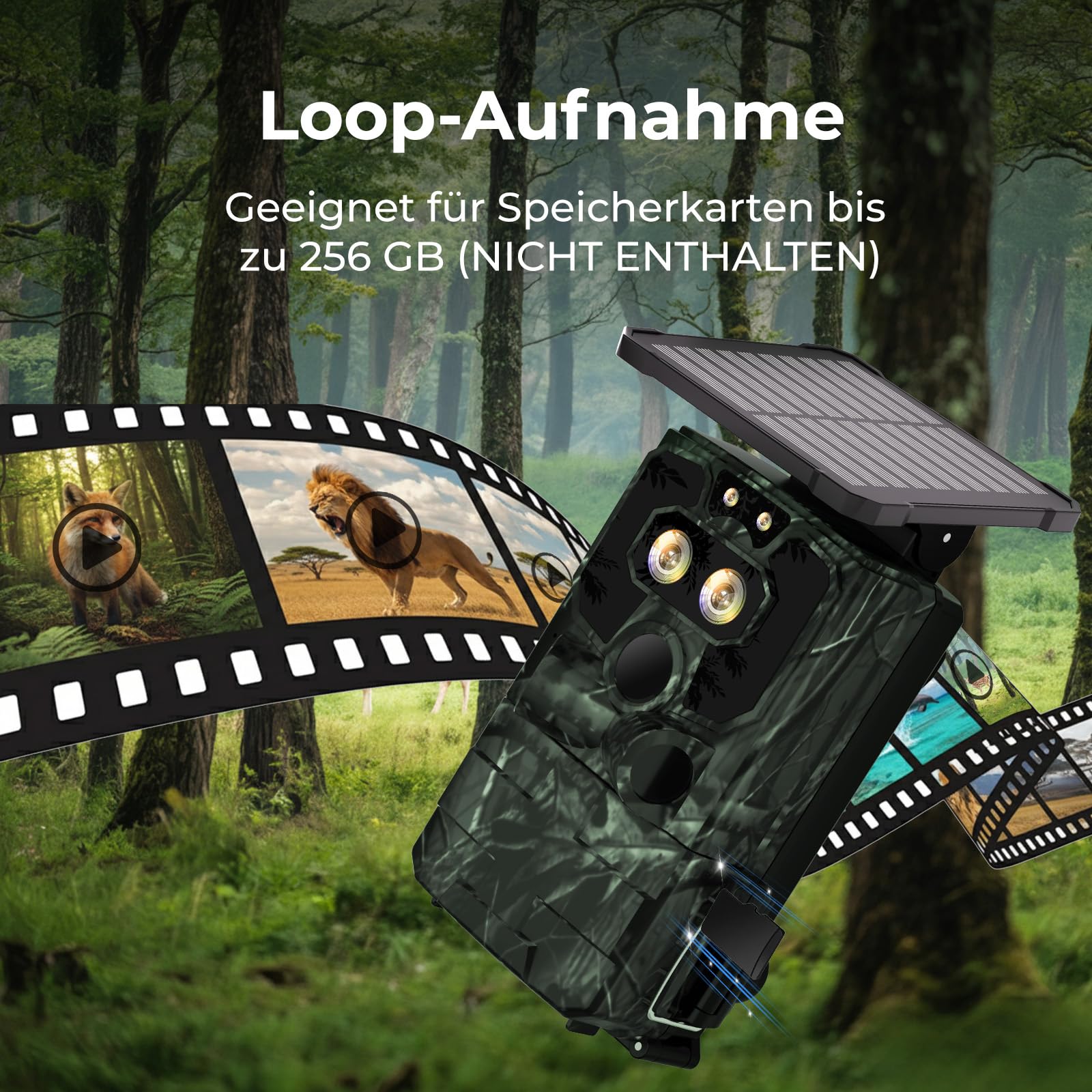 VOOPEAK Duales Objektiv Solar Wildkamera WLAN 4K 60MP, Sternenlicht Nachtsicht Wildkamera mit Handyübertragung APP, Wildtierkamera mit Nachtsicht Bewegungsmelder 0,1S Auslösezeit IP66 Wasserdicht