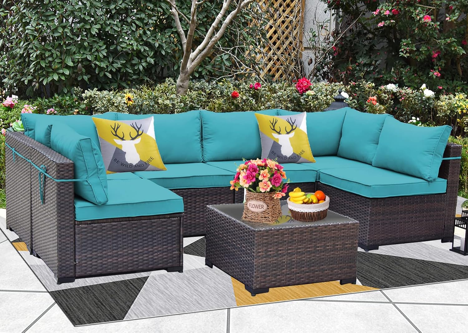 Gotland 7 Piece Outdoor Patio Furniture Sets All-Weather Outdoor Sectional Furniture PE Wicker Patio Sofa Backyard Deck Couch Conversation Chair Set with Coffee Table & 6 Thickened Cushions (Blue) : Patio, Lawn & Garden