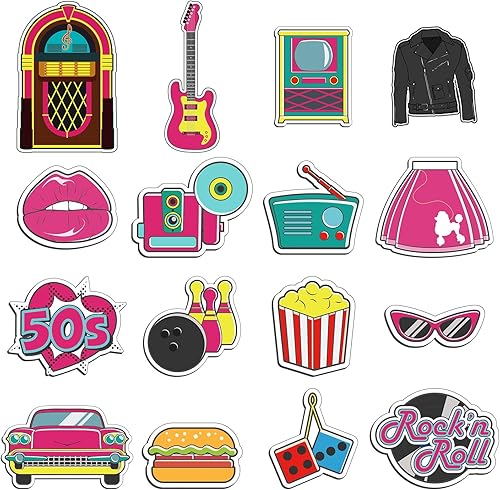 48 piezas de decoraciones de fiesta de los años 50, recortes de decoración de los años 50, suministros de fiesta de rock and roll, tema de los años