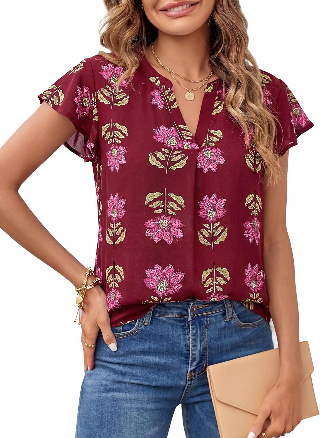 MEROKEETY Women's 2026 Spring V Neck Ruffle Short Sleeve Blouse Summer Swiss Dot Dressy Casual Flowy Shirt Tunic Top