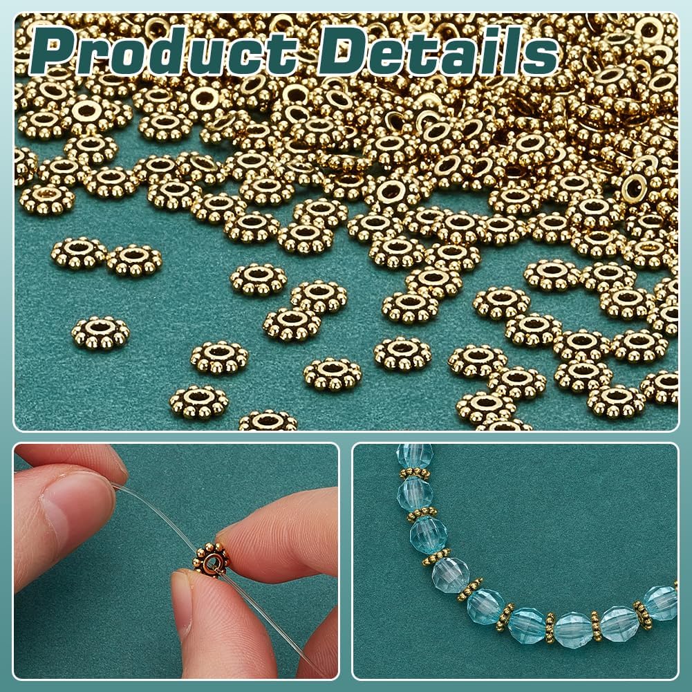 PH PandaHall 500PCS 6.5 mm Flower Spacer Beads Metal Spacer Beads Tibetan Alloy Beads Small Loose Spacer Beads Snowflake Jewelry Bead Spacers for Bracelet Necklace Jewelry Making Antique Golden - Image 4
