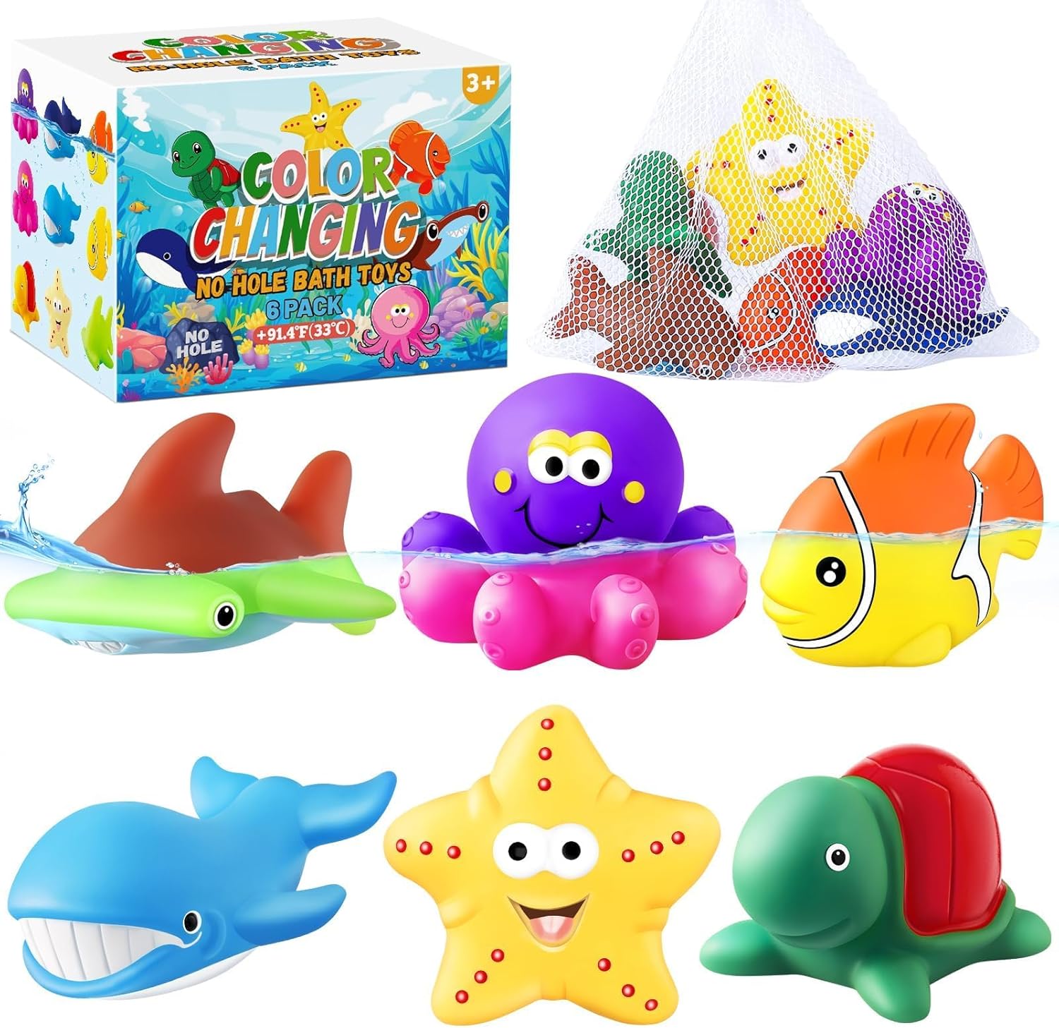Color Changing No Hole Bath Toys for Kids Ages 1-3 4-8, Toddler Bath Toys for Water Table Sea Creatures Pool Water Toys Bathtub Beach Sea Animal with Drying Bag