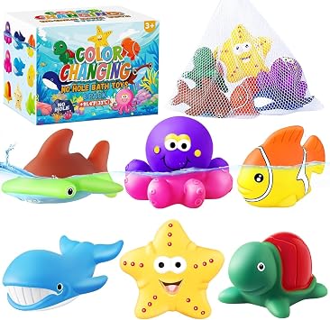 Color Changing No Hole Bath Toys for Kids, Toddler Bath Toys for Water Table Sea Creatures Pool Water Toys Bathtub Beach Sea Animal with Drying Bag